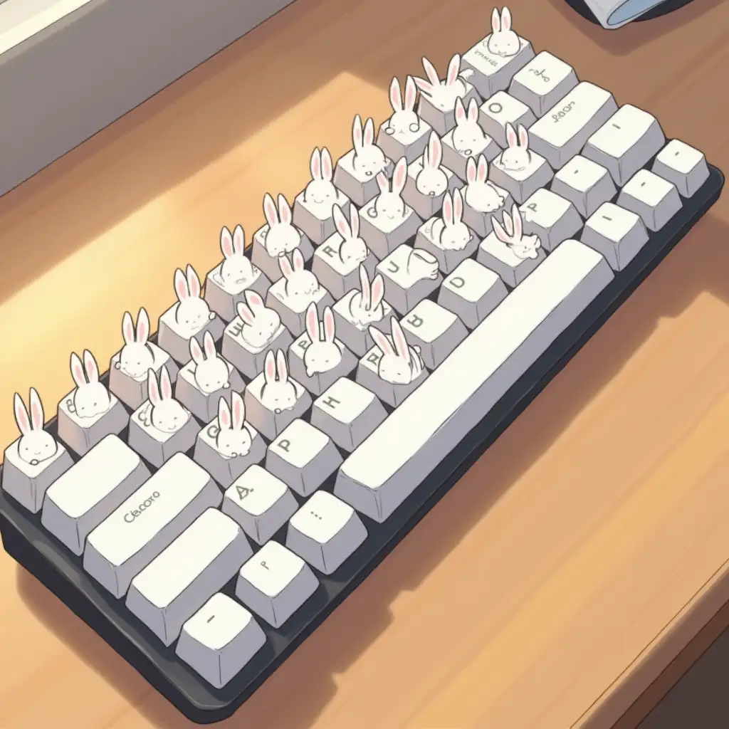 A keyboard, but instead of all the buttons there are white rabbits. The keyboard is laying on the wooden surface. Anime style.