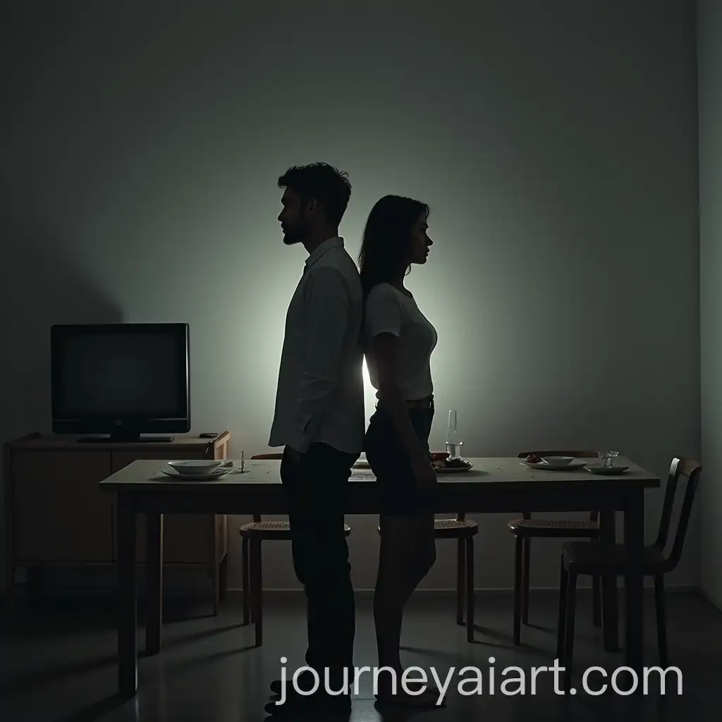 Man-and-Woman-Standing-Back-to-Back-in-Dimly-Lit-Gray-Room-with-TV-and-Dishes-on-Table