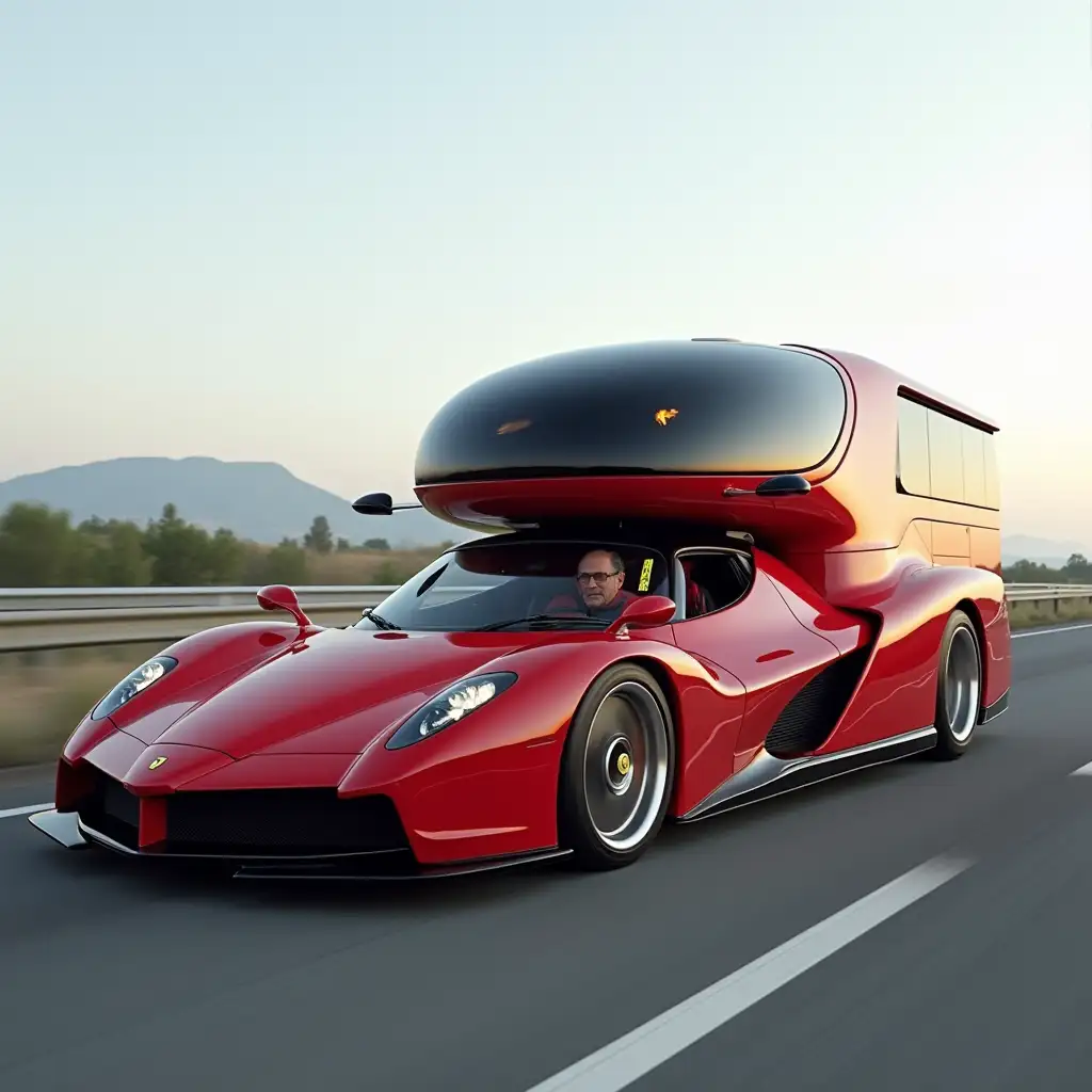 Ferrari Enzo as a futuristic two-story RV on a highway. the rider is a 50-year old male