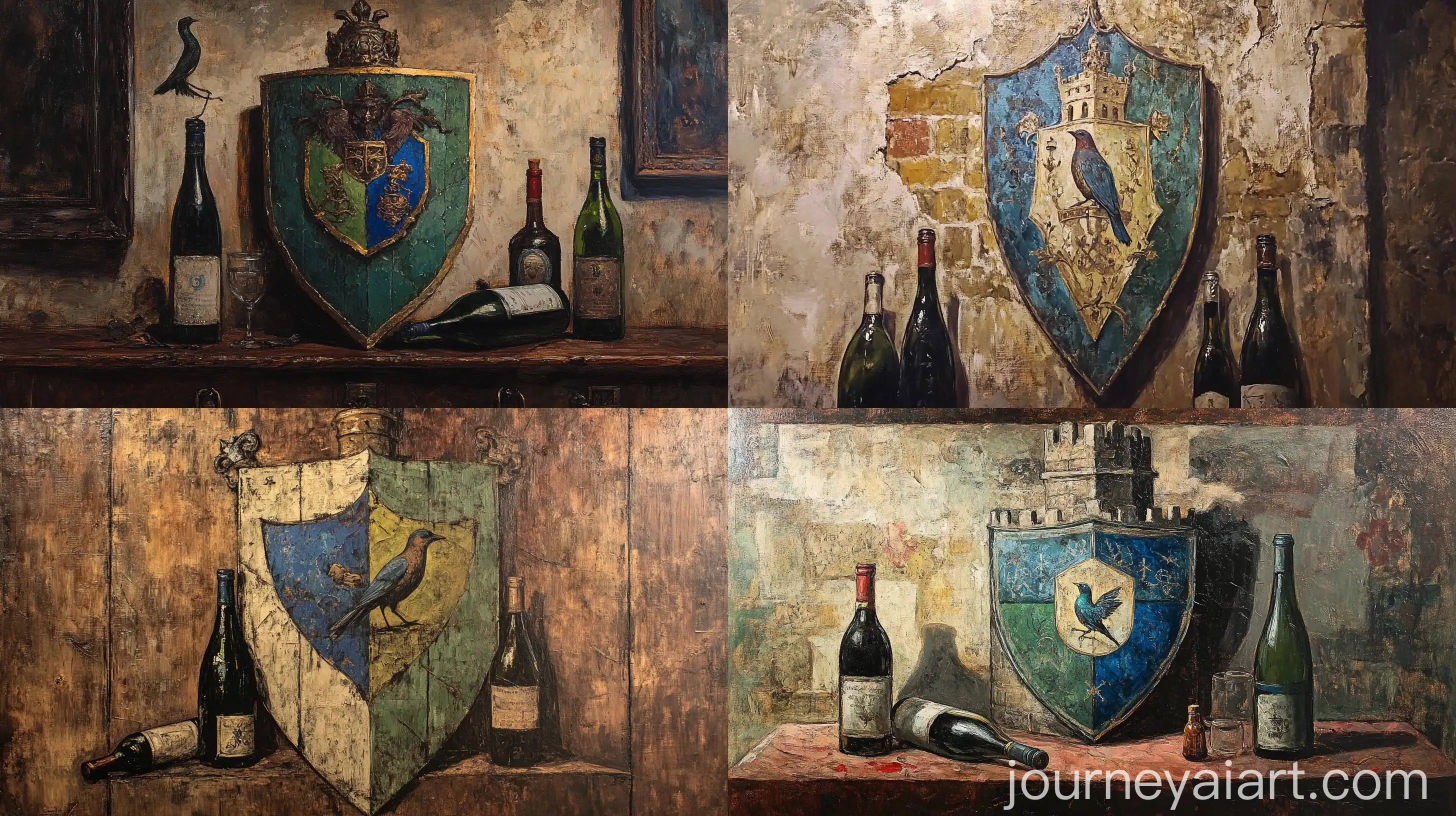 Guild-Coat-of-Arms-Oil-Painting-with-Tower-Shield-and-Nightingale