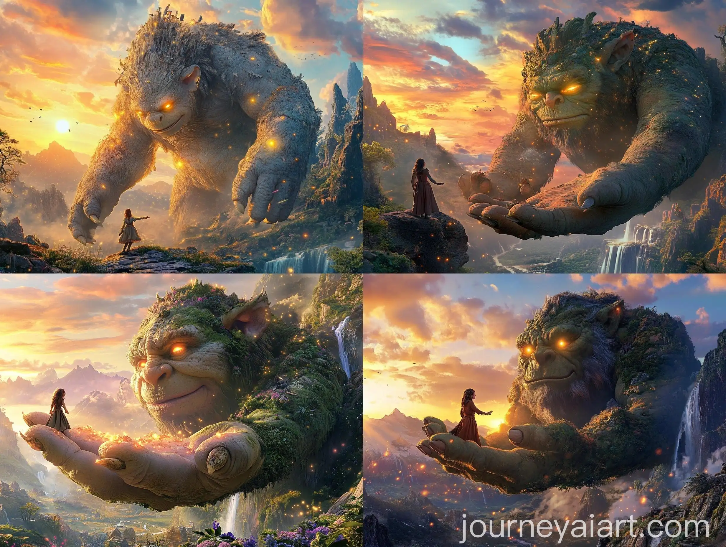 Gigantic-Troll-and-Heroine-in-Magical-Landscape-at-Sunset
