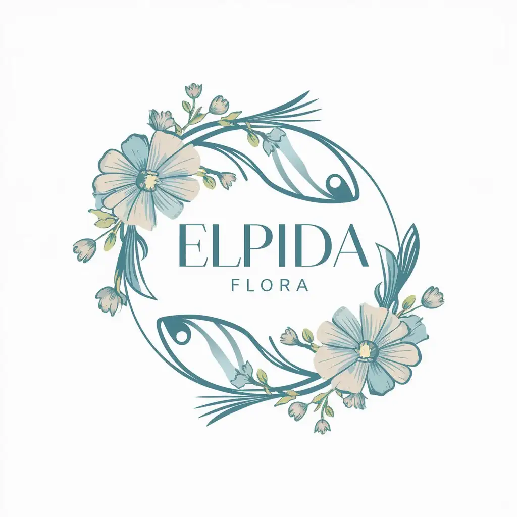 a vector logo design,with the text "Elpida Flora", main symbol:Create a logo for "Elpida Flora" incorporating a stylized fish intertwined with floral elements. The fish should seamlessly blend with delicate flowers, surrounding the brand name "Elpida Flora" to form a cohesive and aesthetic image. The design should reflect harmony and elegance, using pastel tones of blue and green to evoke tranquility and peace. This logo should communicate a connection between hope and nature, highlighting the graceful and refined nature of the brand.,Moderate,be used in Retail industry,clear background