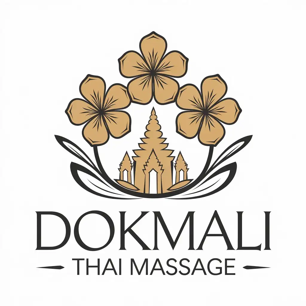 LOGO Design for Dokmali Thai Massage Three Jasmines with Golden Black Colors and Thai Temple Theme