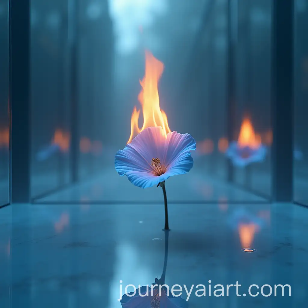 Burning-Light-Blue-Flower-in-a-Mirrored-Room-with-Infinite-Reflections