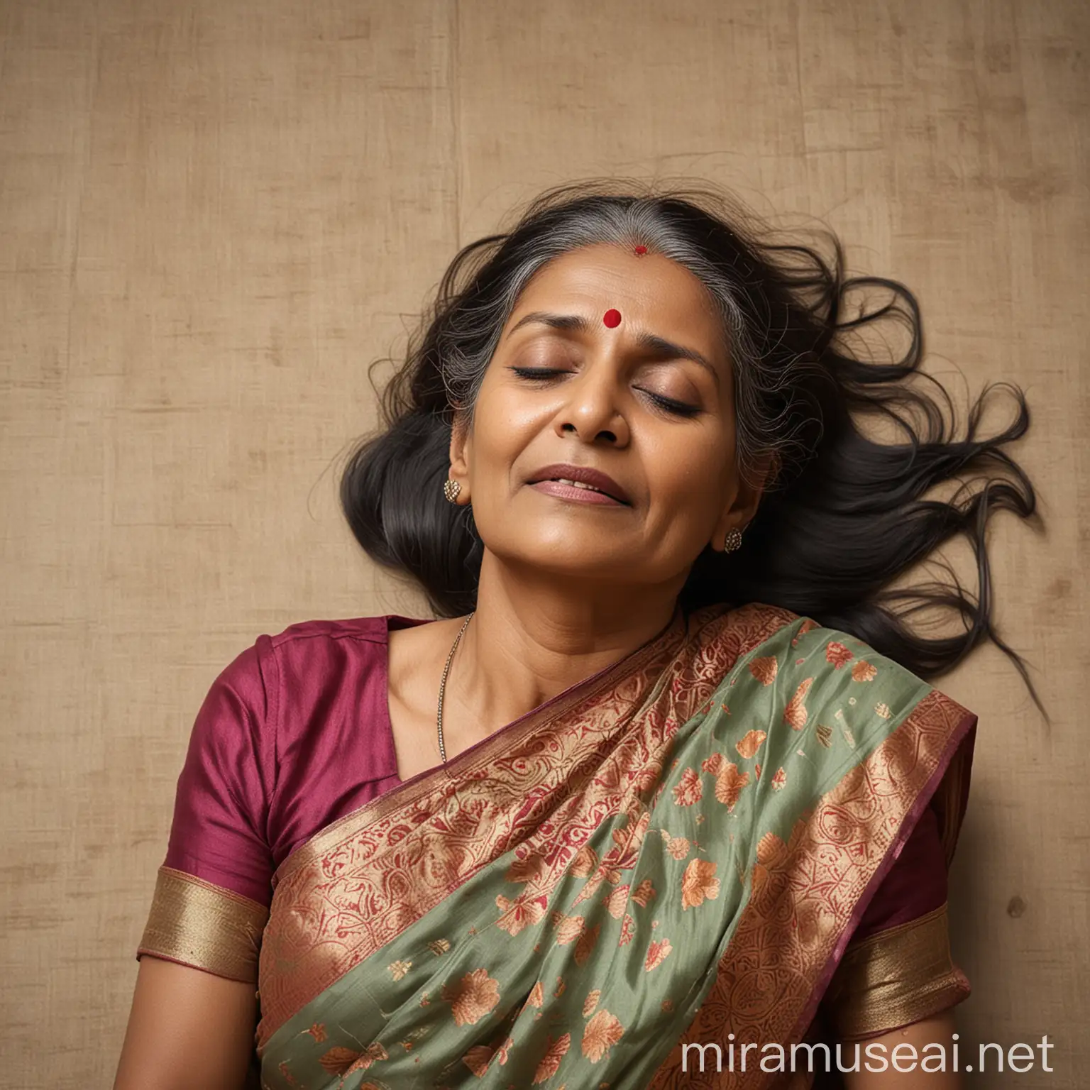 Elderly Indian Woman Resting in Traditional Attire