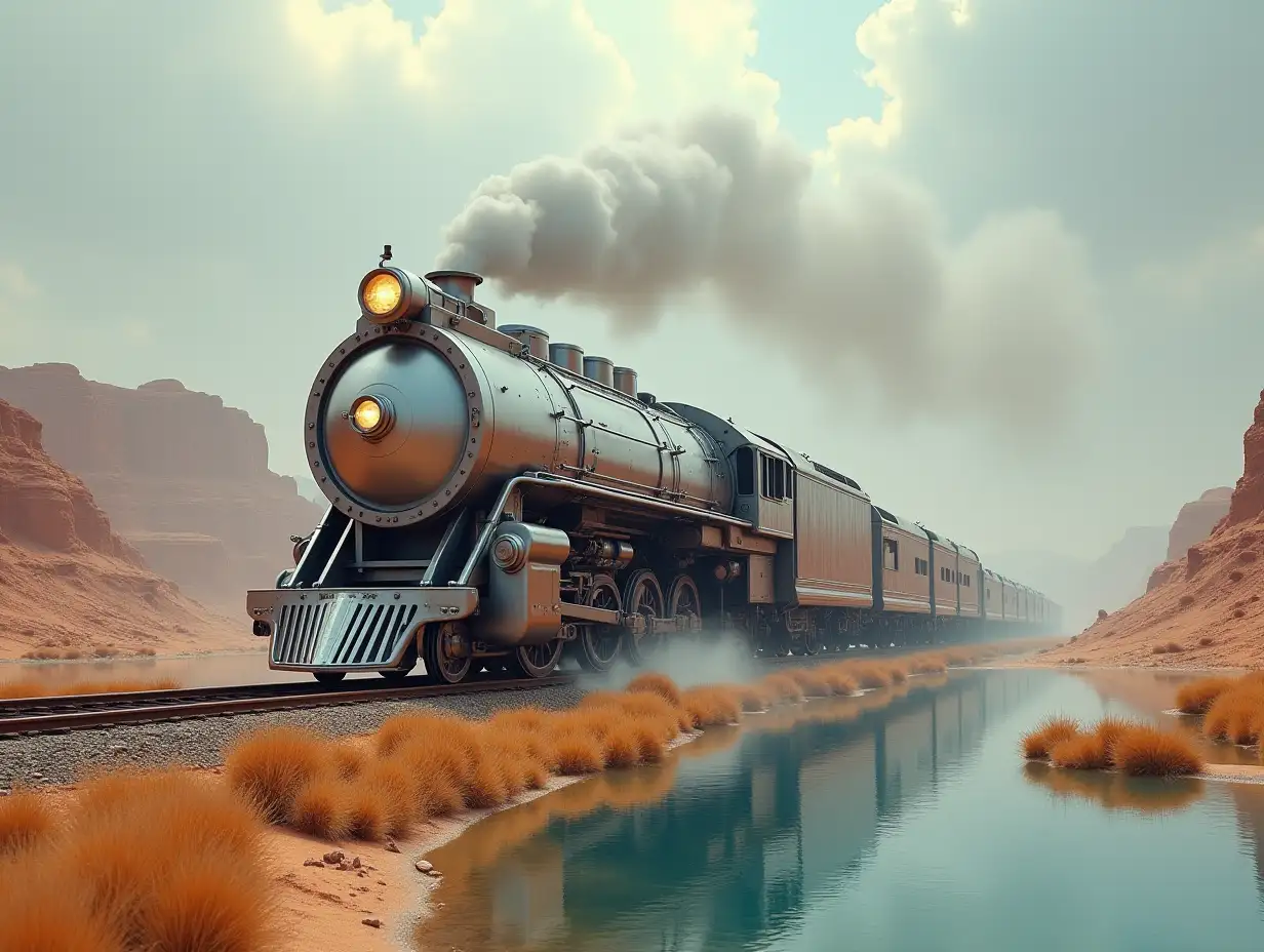 Create a high-resolution realistic image in 4k resolution: a futuristic silver locomotive with brown details on tracks, steam rising in the desert, with a lake on both sides having futuristic houses and trees under a cloudy sky