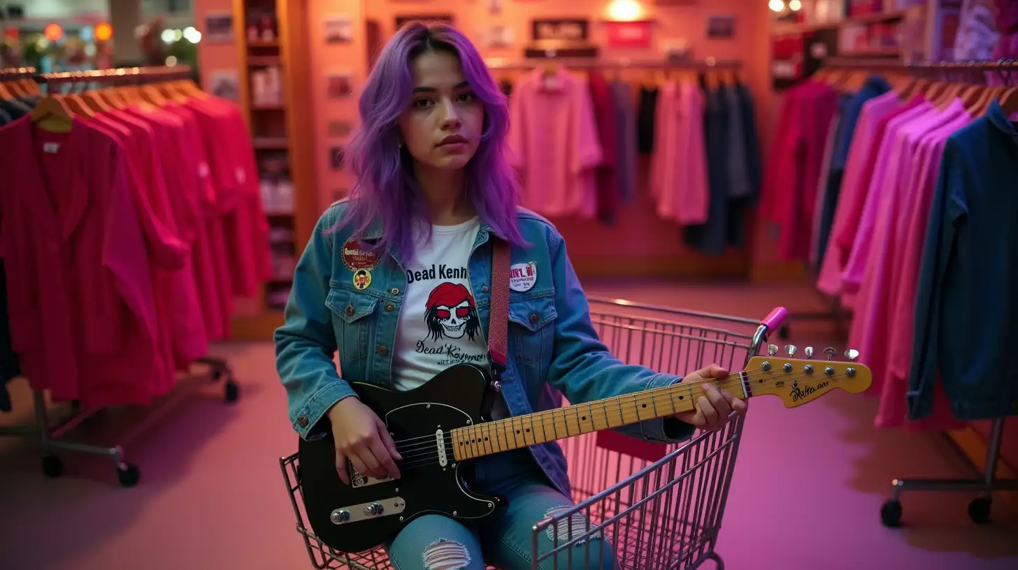 Teen Girl with Purple Hair Playing Electric Guitar in a Fashion Store