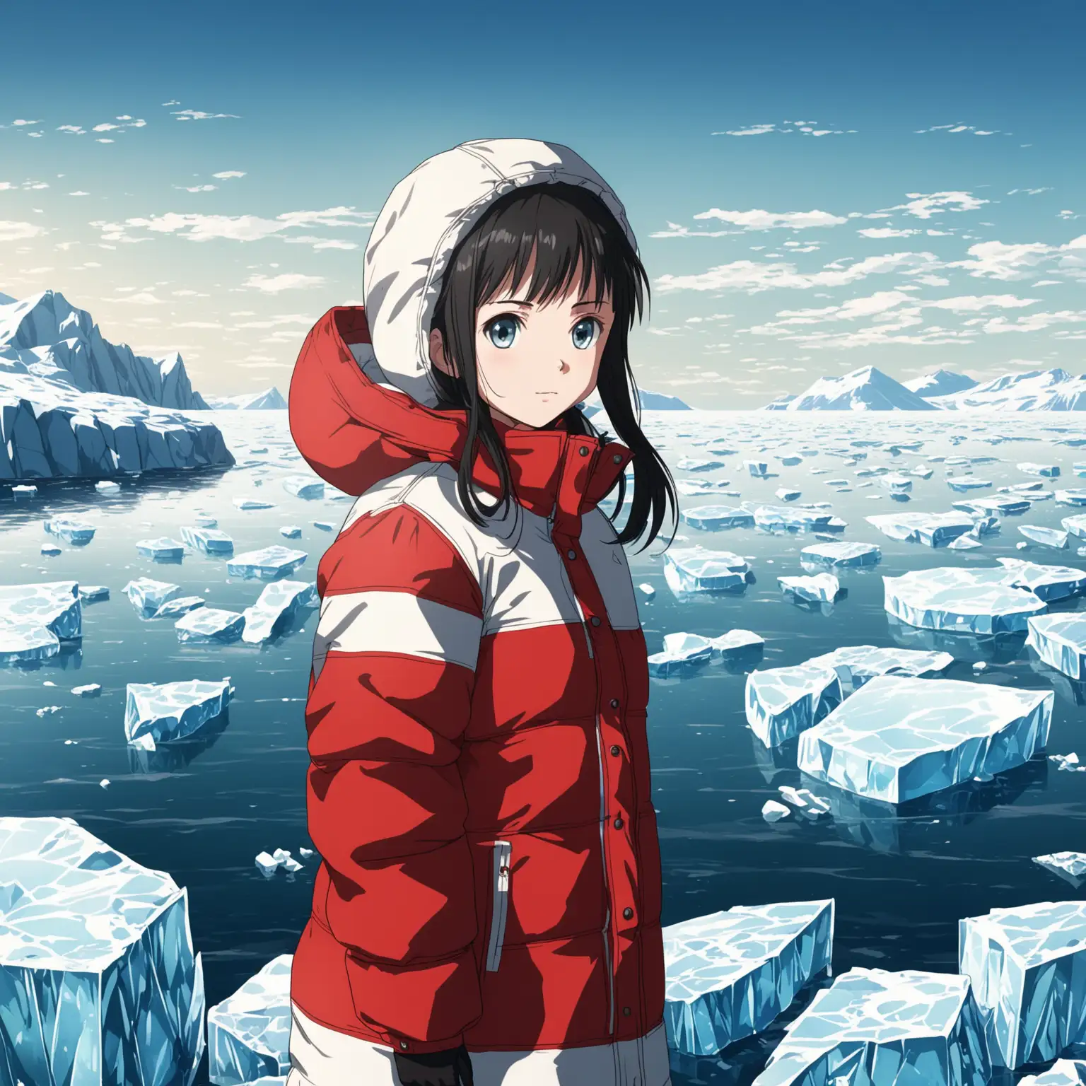 Anime-Girl-in-RedWhite-Down-Jacket-with-Ice-and-Sea-Background