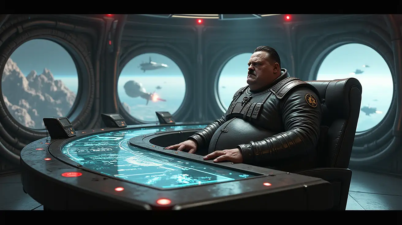 Depict a grotesque, imposing Adolf Hitler lookalike figure seated at a massive, industrial-style desk in a circular control room. The figure is extremely obese and pale, with slicked-back, thinning dark hair and a face lined with malice and ambition. His angular, tightly fitted spacesuit stretches over his bulk, featuring metallic accents and a worn, utilitarian design. A sharp-edged insignia is embossed on his chest plate, its dull gunmetal finish catching the faint glow of surrounding lights. The desk is wide and heavily detailed, constructed of dark, matte metal with integrated glowing panels. Holographic displays float above and across its surface, projecting maps of galactic territories, schematics of spacecraft, and streams of tactical data. The projections emit soft, muted glows in red and blue, casting cold light across the figure and the industrial interior. The control room is vast and circular, with massive observation windows curving around the walls. Through the windows, a sprawling asteroid field is visible in breathtaking detail, jagged rocks floating silently in the void. Cold starlight faintly illuminates the asteroids, while flashes from distant spacecraft battles and explosions punctuate the scene, adding dynamic tension. The environment is dark and foreboding, with towering conduits, exposed machinery, and dim, flickering lights creating sharp contrasts. The muted palette of blacks, grays, and metallic tones is accented by the red and blue glows of the holographic displays, reinforcing the cold, oppressive atmosphere of the high-tech command center.