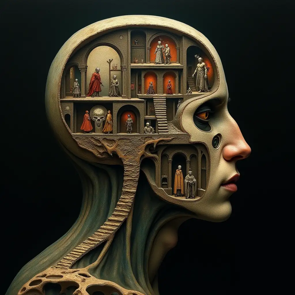 A surreal cross-section of a male human head, structured like a two-story house. Each floor is inhabited by otherworldly, Hieronymus Bosch-inspired creatures.The brain is a gothic cathedral with eerie aliens. A Winding staircase connect the levels, where grotesque beings move through mysterious corridors. Dark, dreamlike atmosphere, reminiscent of Bosch-Painting: The Garden of Earthly Delights, with soft, eerie lighting enhancing the surreal details.