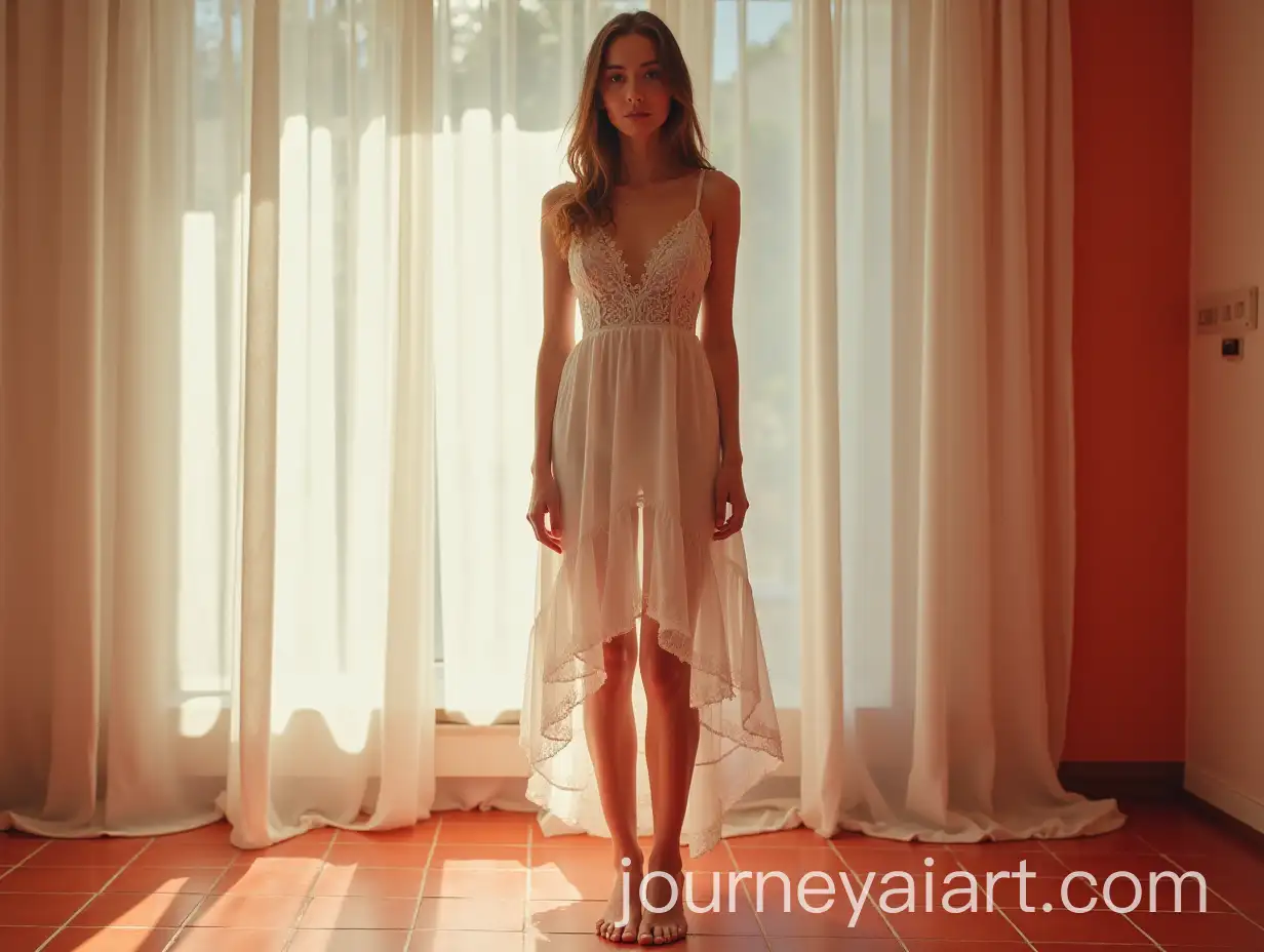 Elegant-Teenage-Woman-in-White-Dress-on-Red-Tile-Floor-with-Flying-Curtains