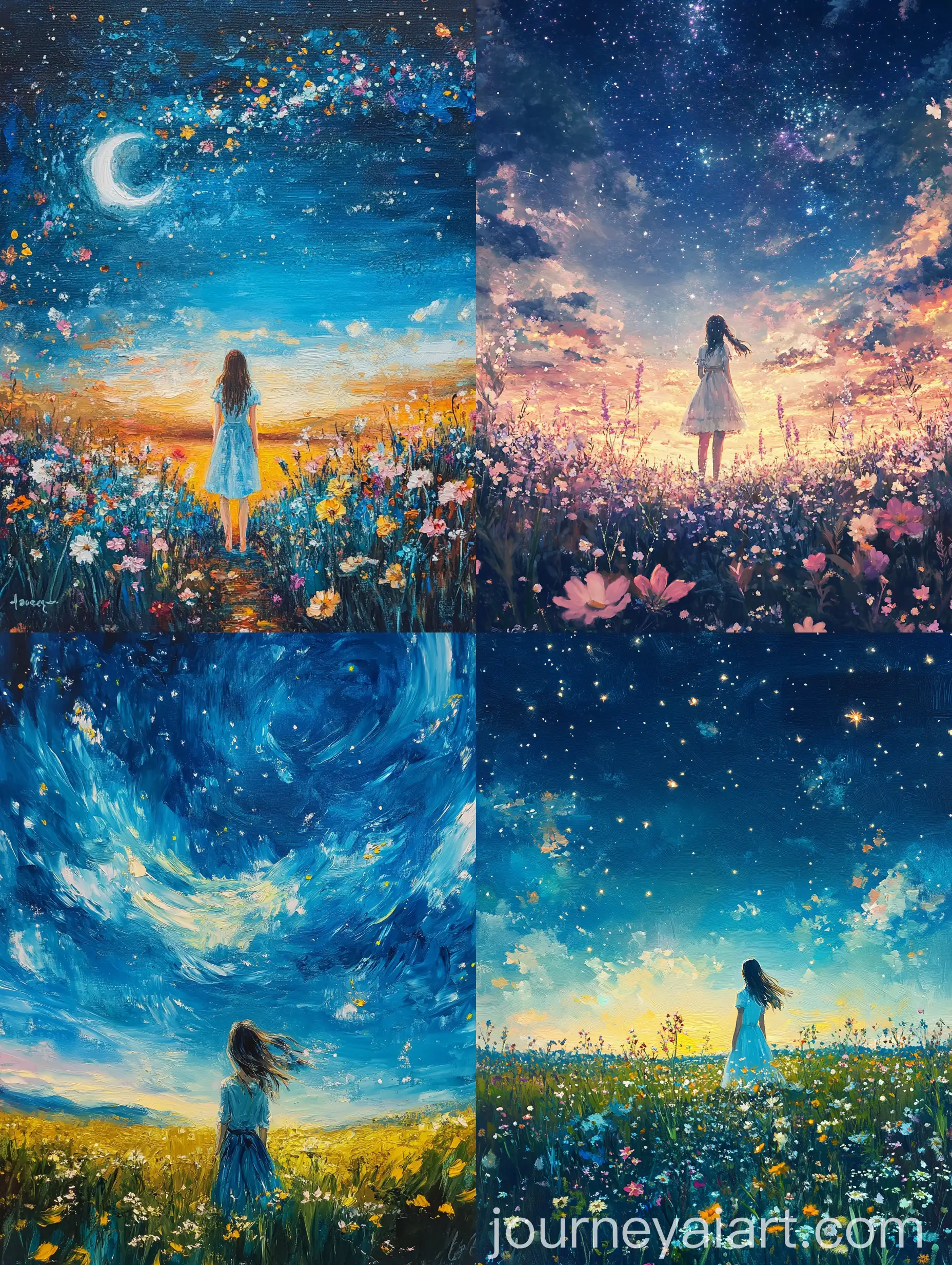 Oil-Painting-Landscape-with-Flower-Fields-and-Starry-Blue-Sky-featuring-a-Girl