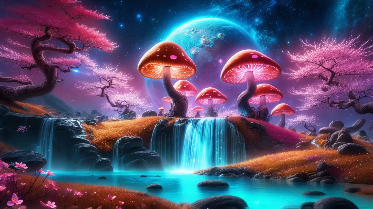 Enchanted Forest with Neon Mushrooms and Glowing Lake