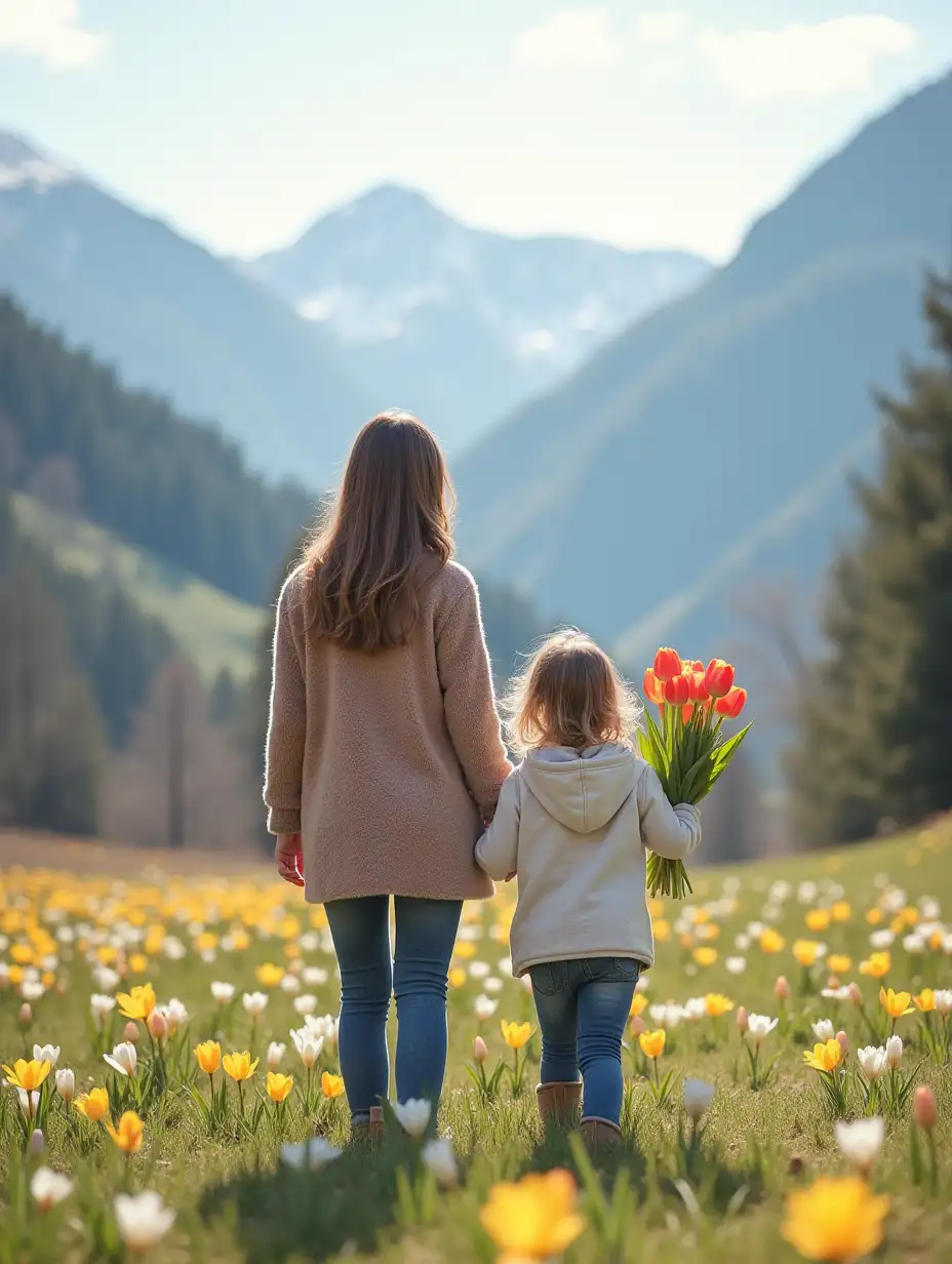 Depict a mother with a child aged 7-9 years, holding a bouquet of tulips in their hands and holding hands against the backdrop of the Carpathians and slopes of Bukovel, with spring outside and snow and crocuses still visible