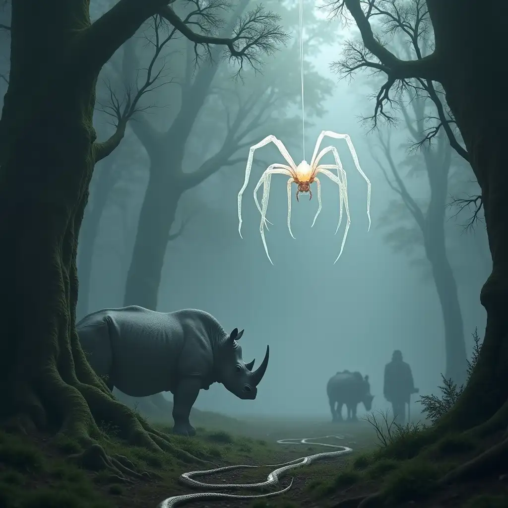 Create a highly detailed and realistic scene set in an ancient, fog-covered forest. The environment should feature towering, gnarled trees with thick roots and moss-covered bark, shrouded in a thick, ethereal fog. In the foreground, a large white spider with intricate, spindly legs spins a web between two trees. The spider's body is slightly translucent, faintly glowing in the fog. Nearby, a powerful rhinoceros stands on the forest floor, its rough, dark skin contrasting with a soft, eerie light. A long, sinuous snake, its scales shimmering in muted colors, slithers along the ground, blending into the fog. The scene should evoke a sense of mystery and ancient power, with a soft, diffused light filtering through the tree canopy.