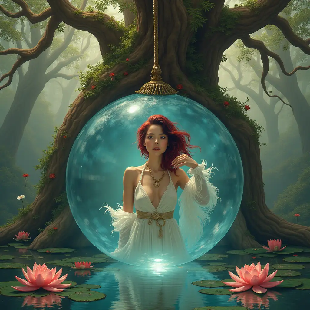 Hyperrealistic portrait of a woman with red and black hair in a crystal ball hanging on a rope on a giant tree with a elaborately detailed, colorful background with a lake and water lilies