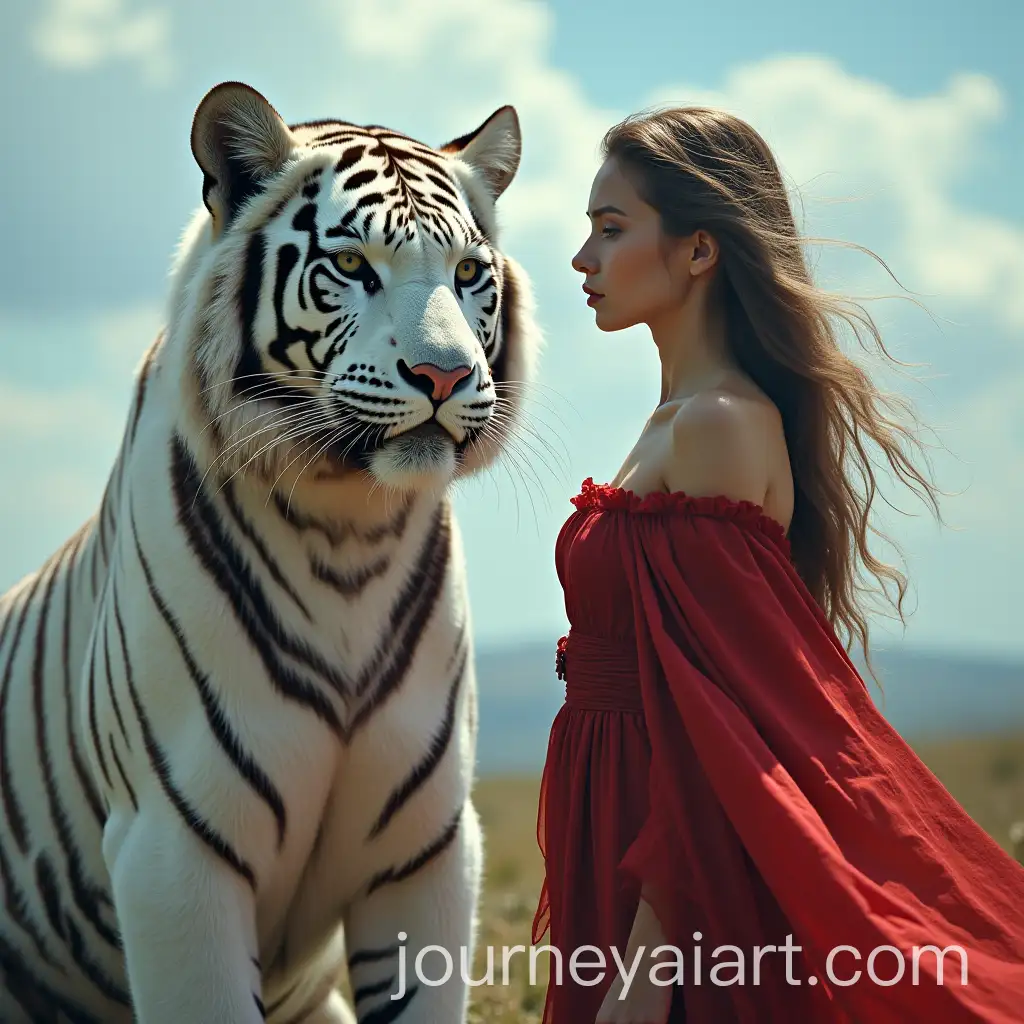 Woman-in-Crimson-Robe-Connecting-with-Majestic-White-Tiger