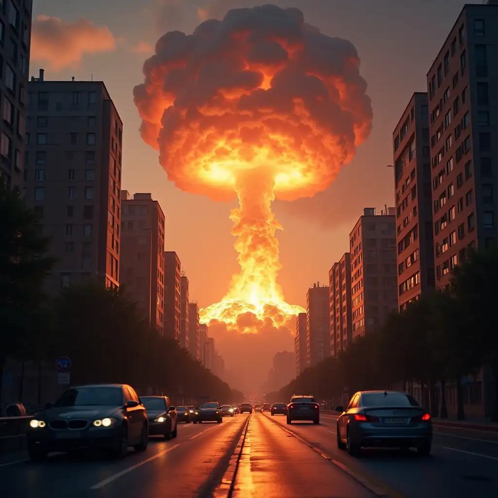 Nuclear explosion in the center of a megapolis, view from the street