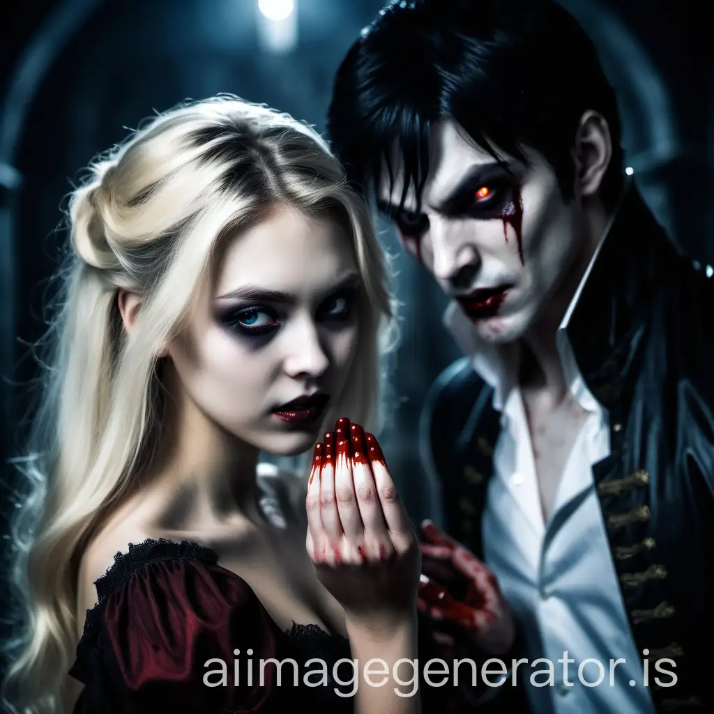 Blonde-Girl-Holding-Hands-with-a-Mysterious-BlackHaired-Vampire