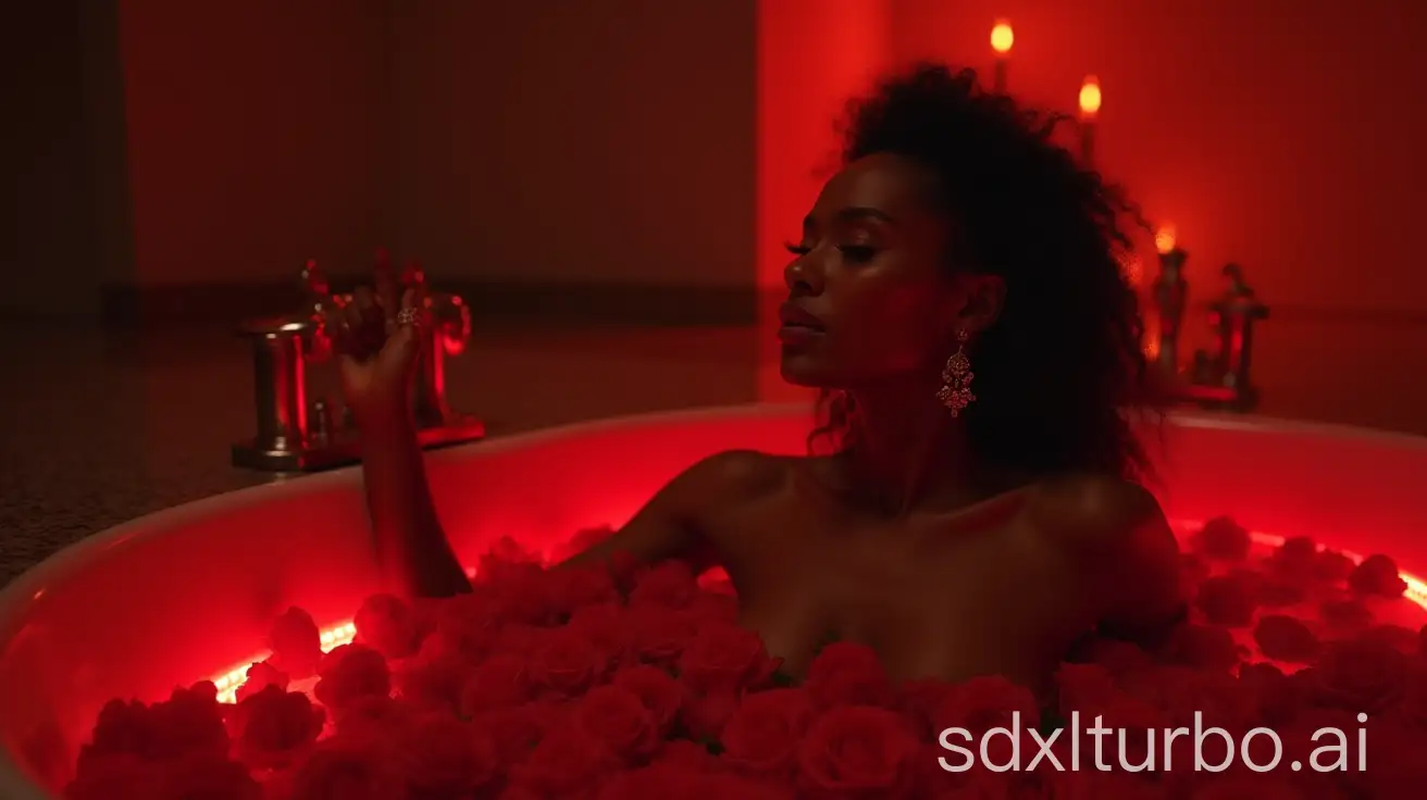 glamour,uhd,volumetric,cinematic,red lighting,beautiful black woman in a bath tub with red roses