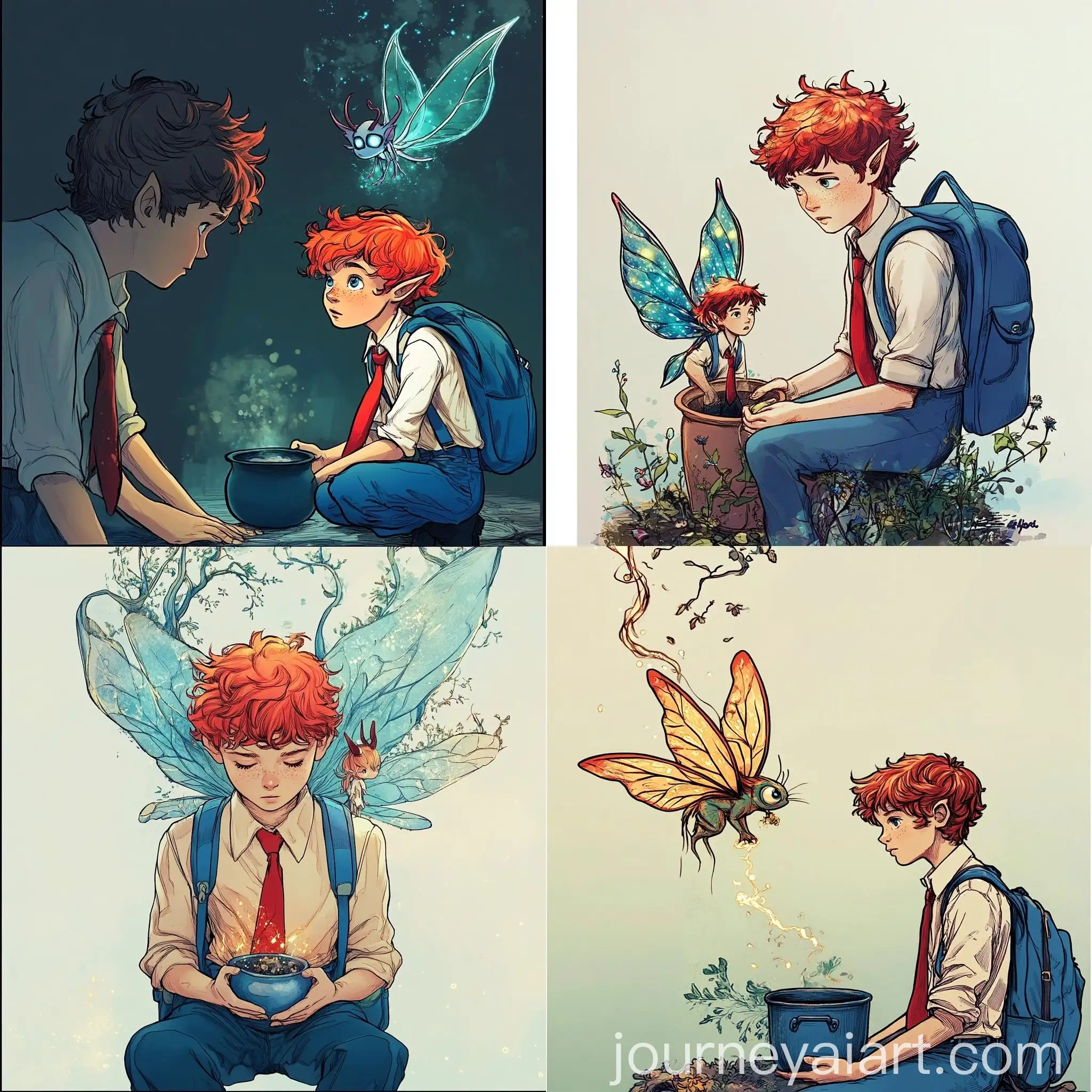 School-Boy-with-Blue-Backpack-Captivated-by-Fairy-in-Pot