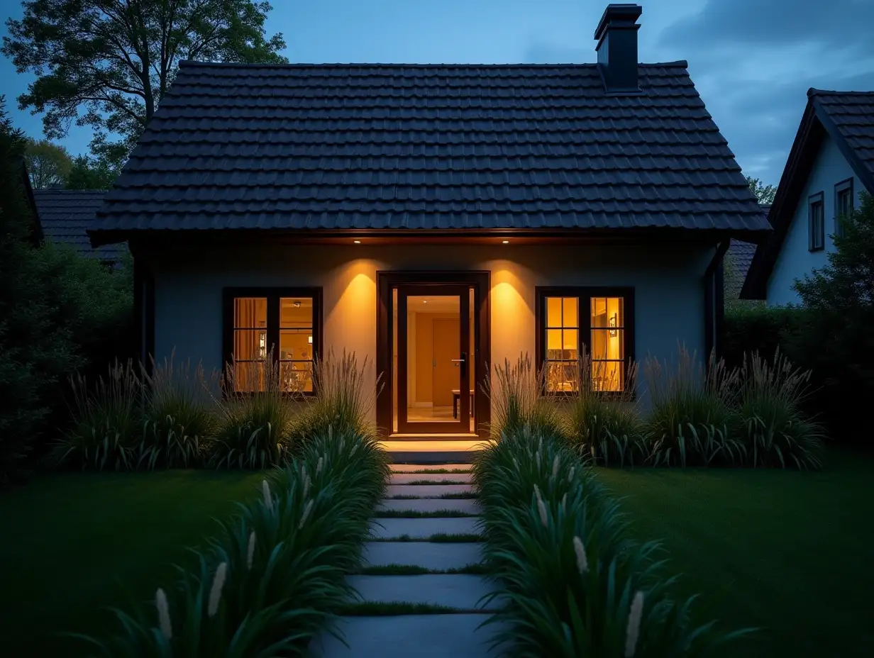 Modern-House-Facade-with-Warm-Lighting-and-WellMaintained-Grass