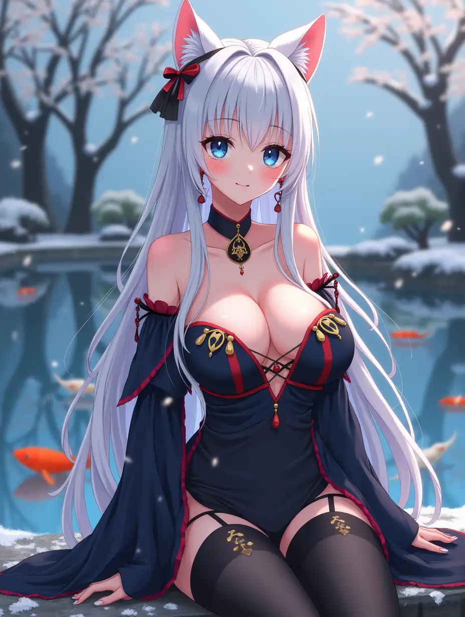 Anime mature adult woman with an hourglass body who looks like she is in her 30's with big breast, extreme cleavage, blue eyes, black and gold earrings, a choker around her neck, long white hair and white cat ears on her head. She is in a extremely revealing Miko outfit in the spring time sitting by a koi fish pond. The background is snowing with Japanese trees blowing in the wind. She light up small laterns for the event tonight.