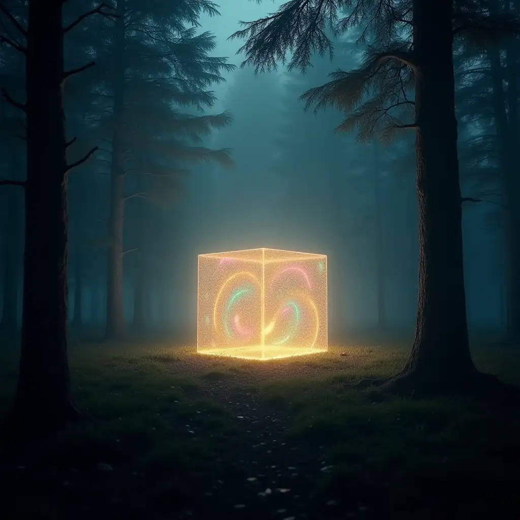 an image of a strange cube in the center of a forest glade, which emits mysterious glow. Visible light waves and sound vibrations are emitted from the cube and spread in the air, resembling multicolored, almost mystical lines or circles. These vibrations should be barely noticeable, as if they materialize in the air, creating a sense of mystery and attraction. The trees around slightly bend, as if reacting to the power of the cube, and there is a light fog in the air, enhancing the effect. Add several shadows and reflections of the cube's light on the ground and trees to enhance the feeling of its supernatural nature.