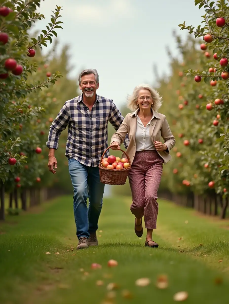 A cheerful and energetic couple - a man and his sixty-year-old wife, quickly flying over an apple orchard and collecting apples in a basket