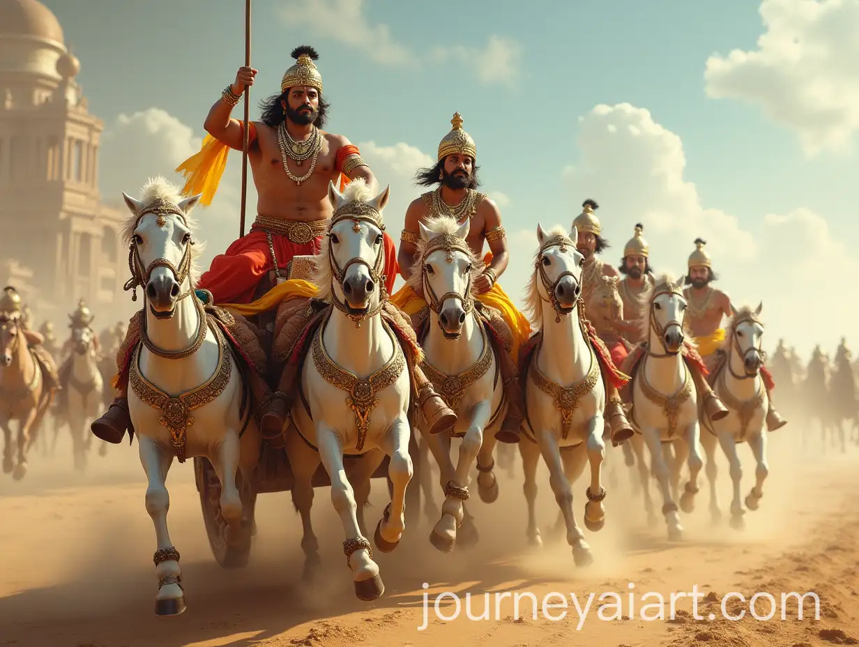 Epic-Mahabharata-Battle-Scene-with-Krishna-Arjuna-and-Seven-White-Horses-in-Chariot