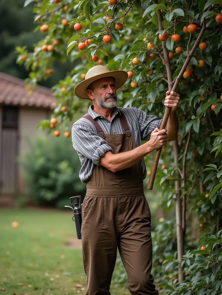 A man dressed as a gardener knocks fruit off a tree with a stick in a garden