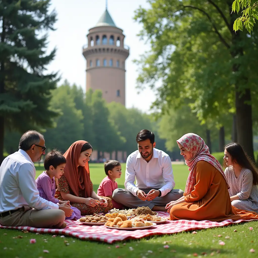 In the vibrant heart of Tehran, a group of Iranian families gather for a traditional picnic in Azadi Park during the summer of 1340 AH. The scene unfolds with men in crisp white shirts and tailored trousers, their faces reflecting a blend of joy and contemplation, while women in colorful, flowing chadors and headscarves, their expressions serene and welcoming, arrange a spread of Persian delicacies on a checkered blanket. Children, dressed in modest yet playful attire, chase each other around the iconic Azadi Tower, their laughter echoing through the lush greenery. The backdrop features the park's majestic trees and the tower's intricate architecture, capturing a timeless moment of communal harmony and cultural richness.