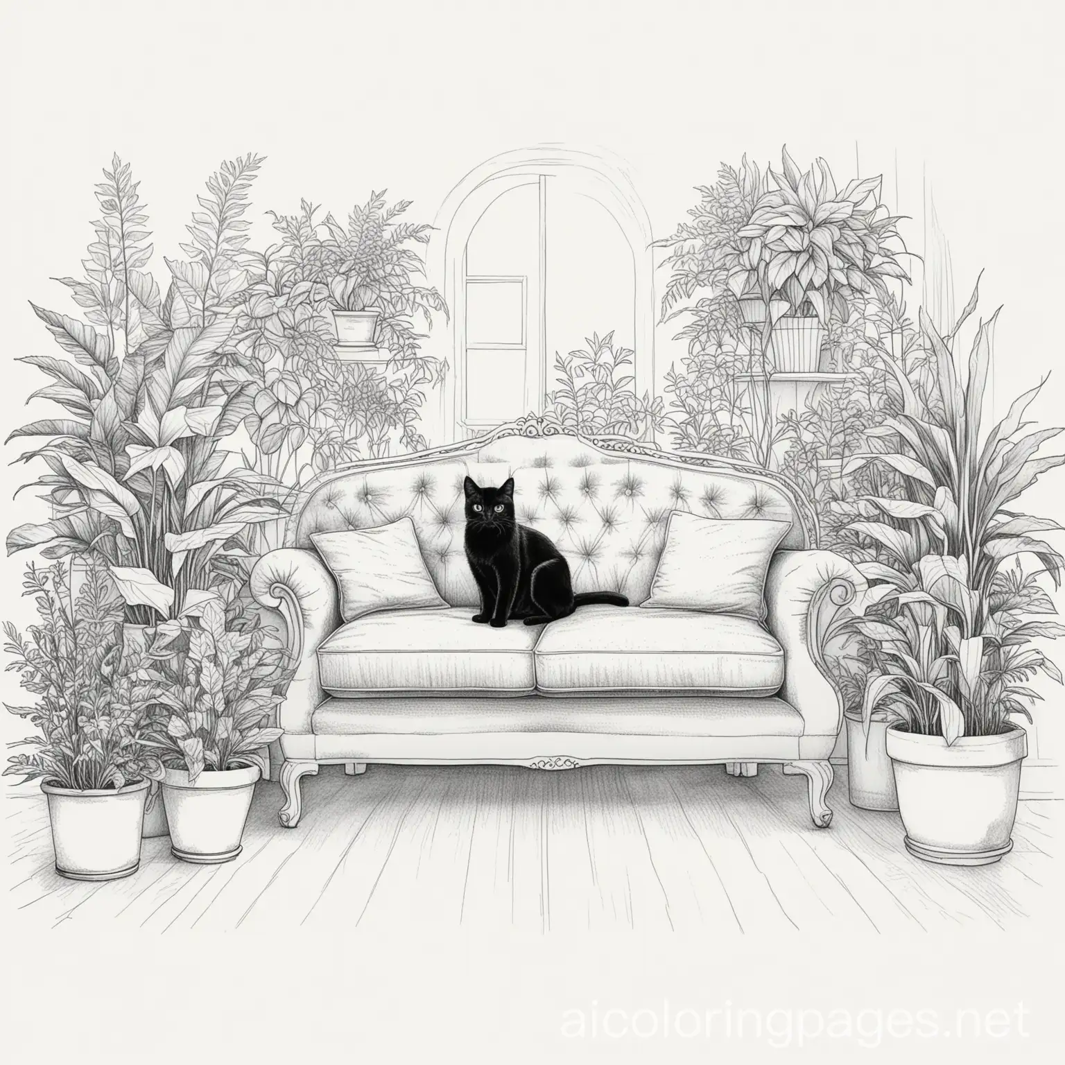 Black-Cat-in-Cozy-Home-Setting-with-Plants-and-Sofa