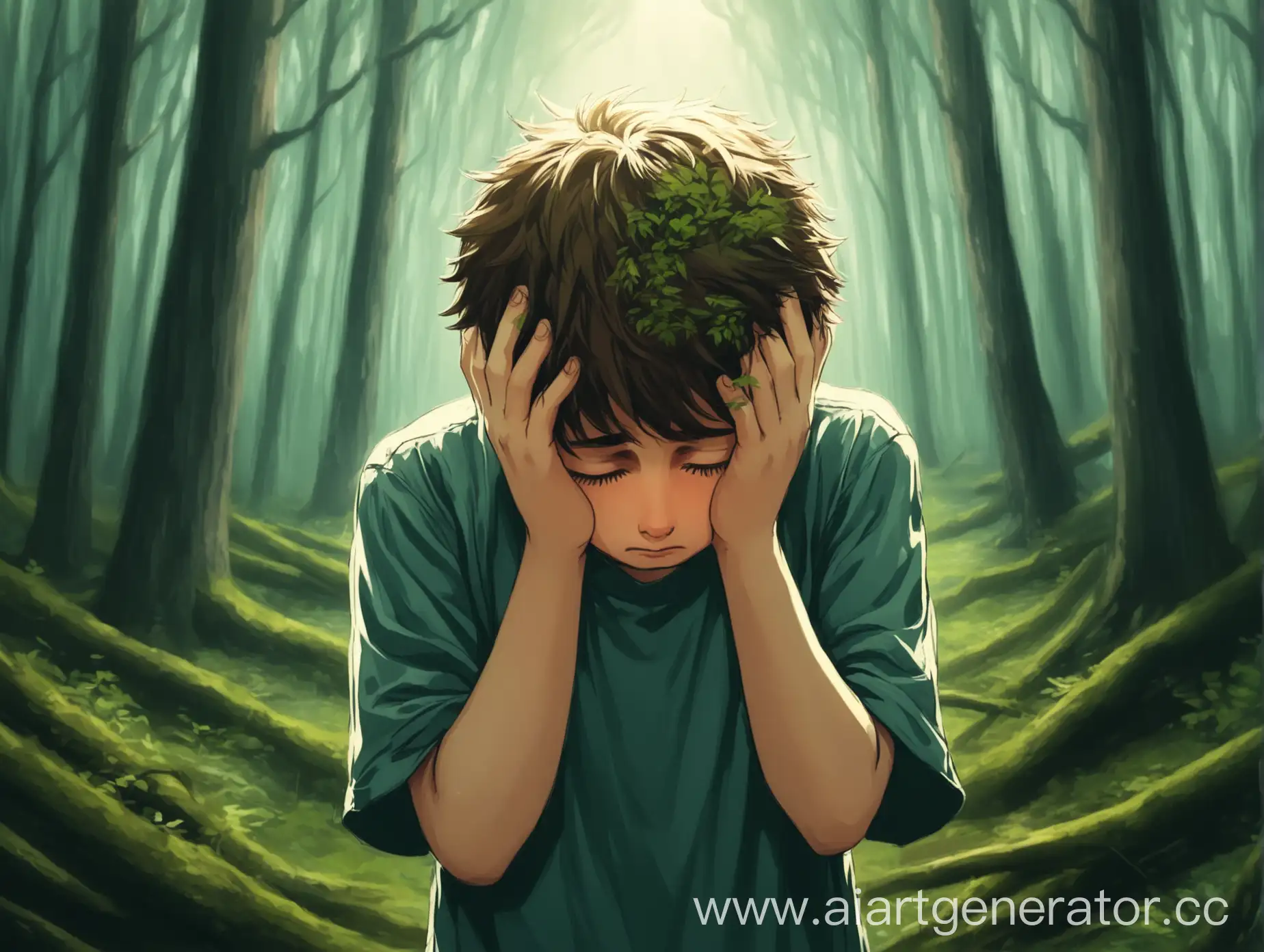 Boy-in-Forest-Contemplates-Amidst-Nature