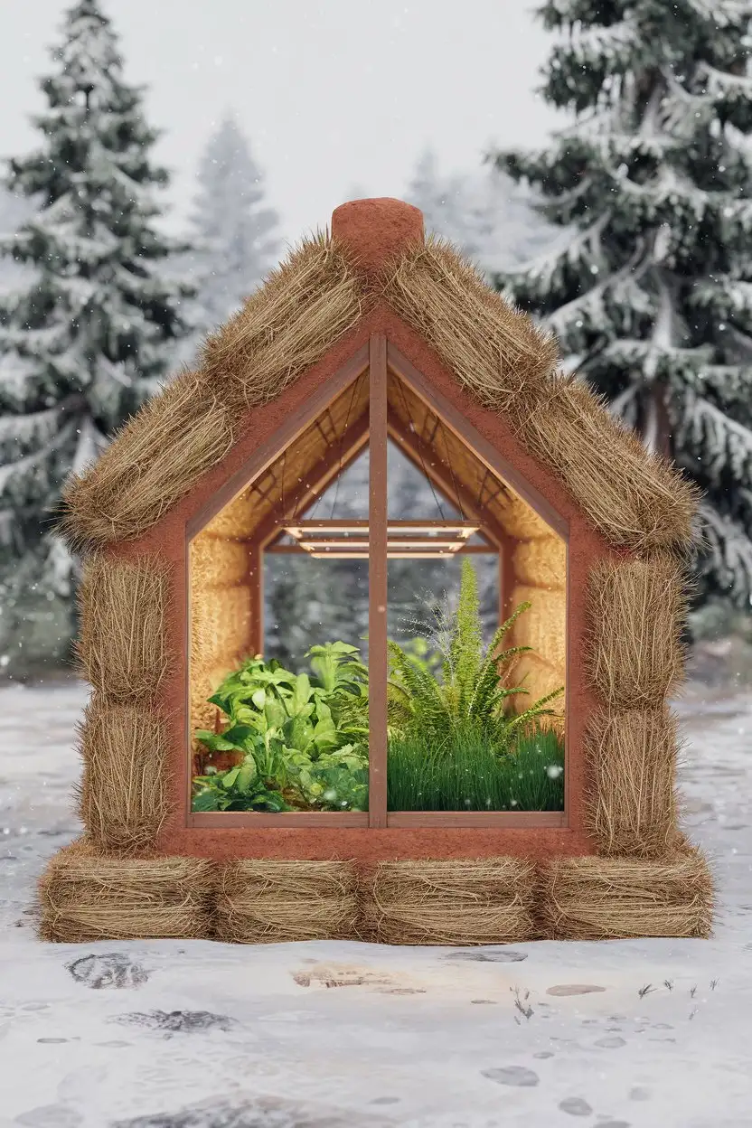 Wide shot, cozy straw bale greenhouse nestled in a snowy winter landscape. The greenhouse walls are constructed from straw bales, plastered with natural clay, giving it a warm, earthy appearance. Snow is gently falling outside, while inside, vibrant green plants are flourishing under warm grow lights.  Photorealistic, detailed, straw bale texture, winter garden, sustainable agriculture.