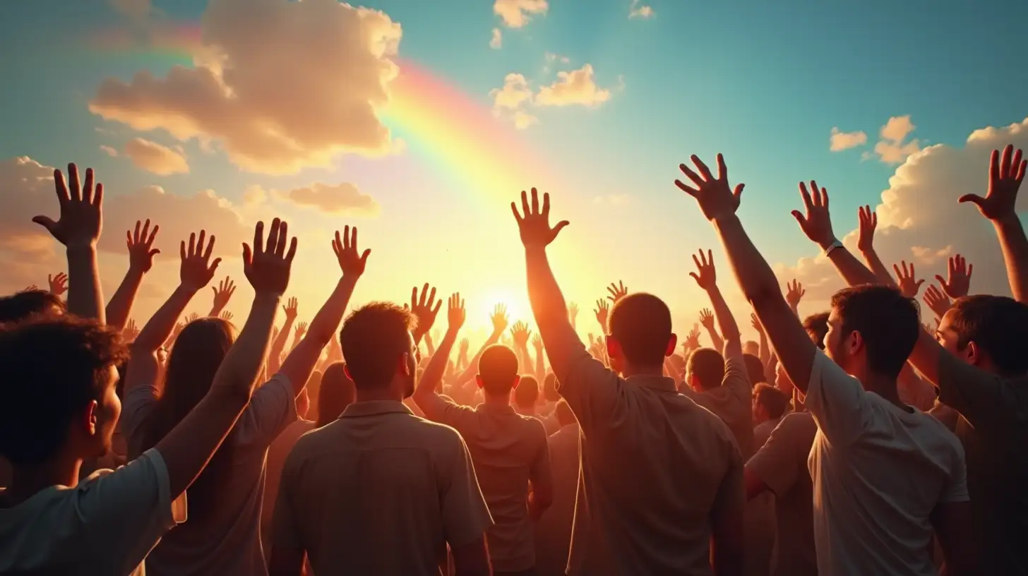 Great Transformation Scene: People gathering together to make a big celebration in front of Hazreti Mehdi. The crowd touching hands, jumping and laughing with excitement. In the background, the rainbow appearing in the sky represents the symbol of this great transformation and unity.