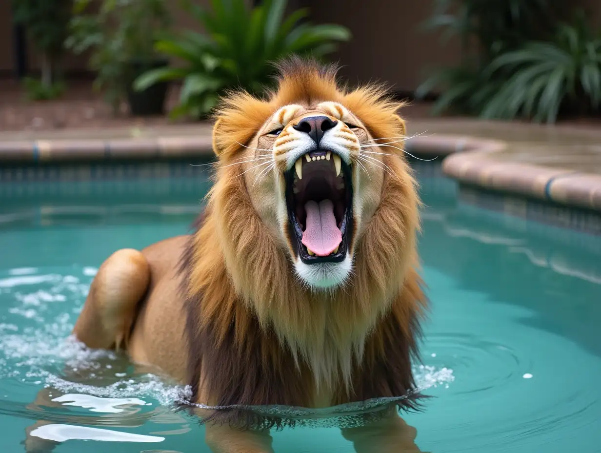 Lion barking on the waterpool