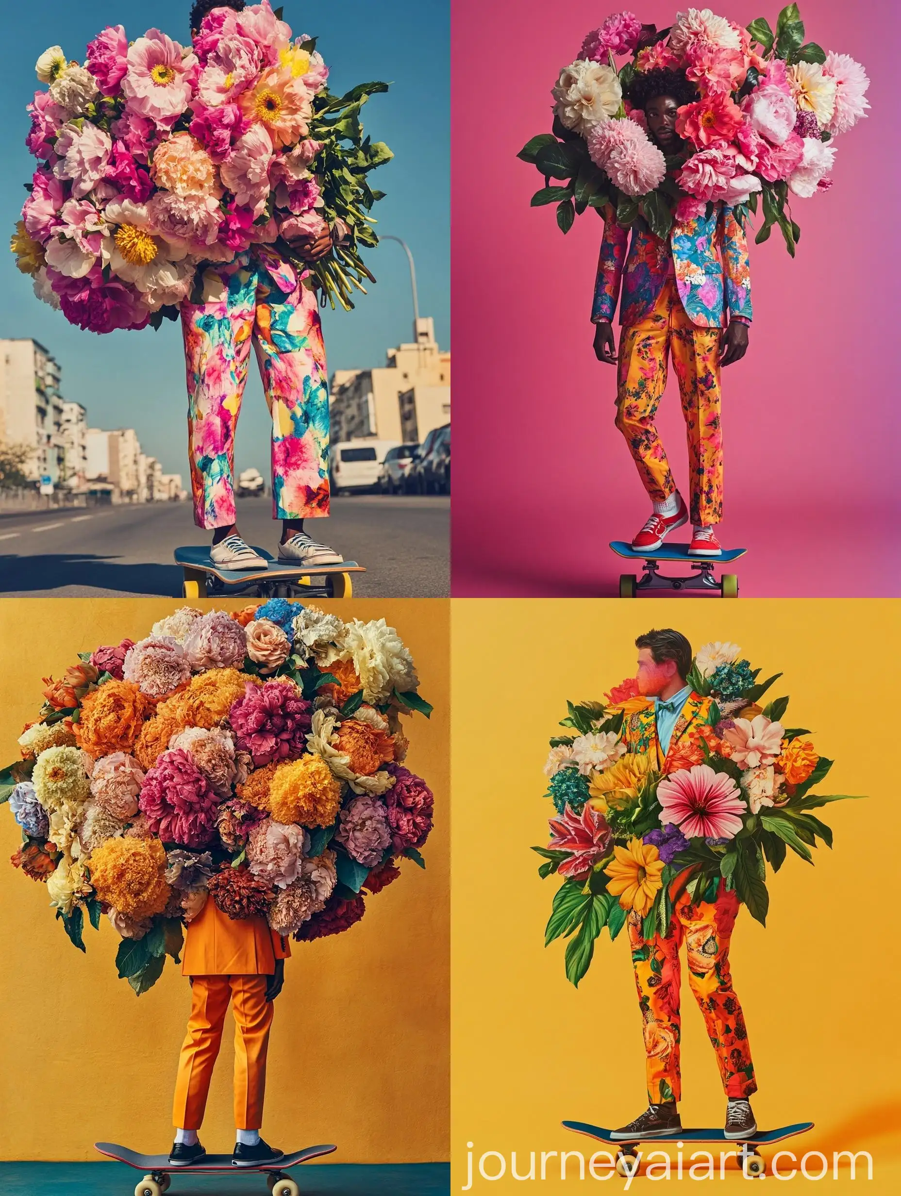 Man-in-Bright-Color-Suit-Skateboarding-with-Beautiful-Huge-Flowers