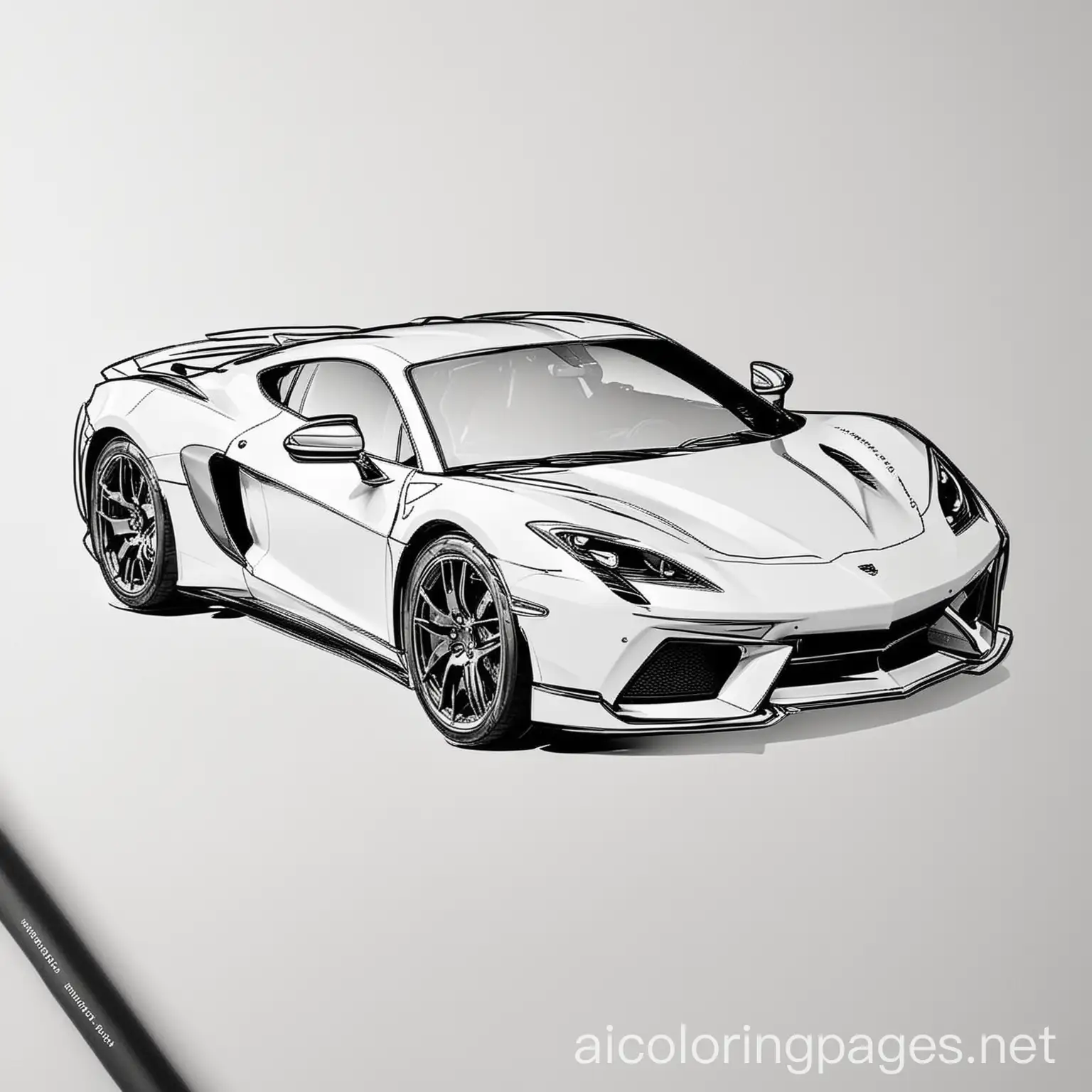 Sports car, Coloring Page, black and white, line art, white background, Simplicity, Ample White Space. The background of the coloring page is plain white to make it easy for young children to color within the lines. The outlines of all the subjects are easy to distinguish, making it simple for kids to color without too much difficulty