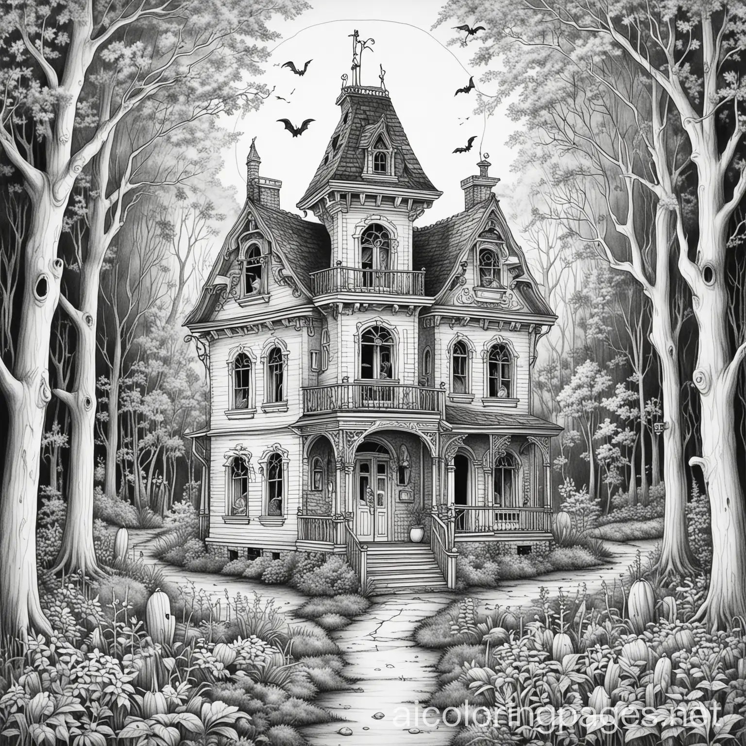 black and white haunted house, surrounded by woods, make this a coloring page for adults. Include some spooky elements, Coloring Page, black and white, line art, white background, Simplicity, Ample White Space. The background of the coloring page is plain white to make it easy for young children to color within the lines. The outlines of all the subjects are easy to distinguish, making it simple for kids to color without too much difficulty