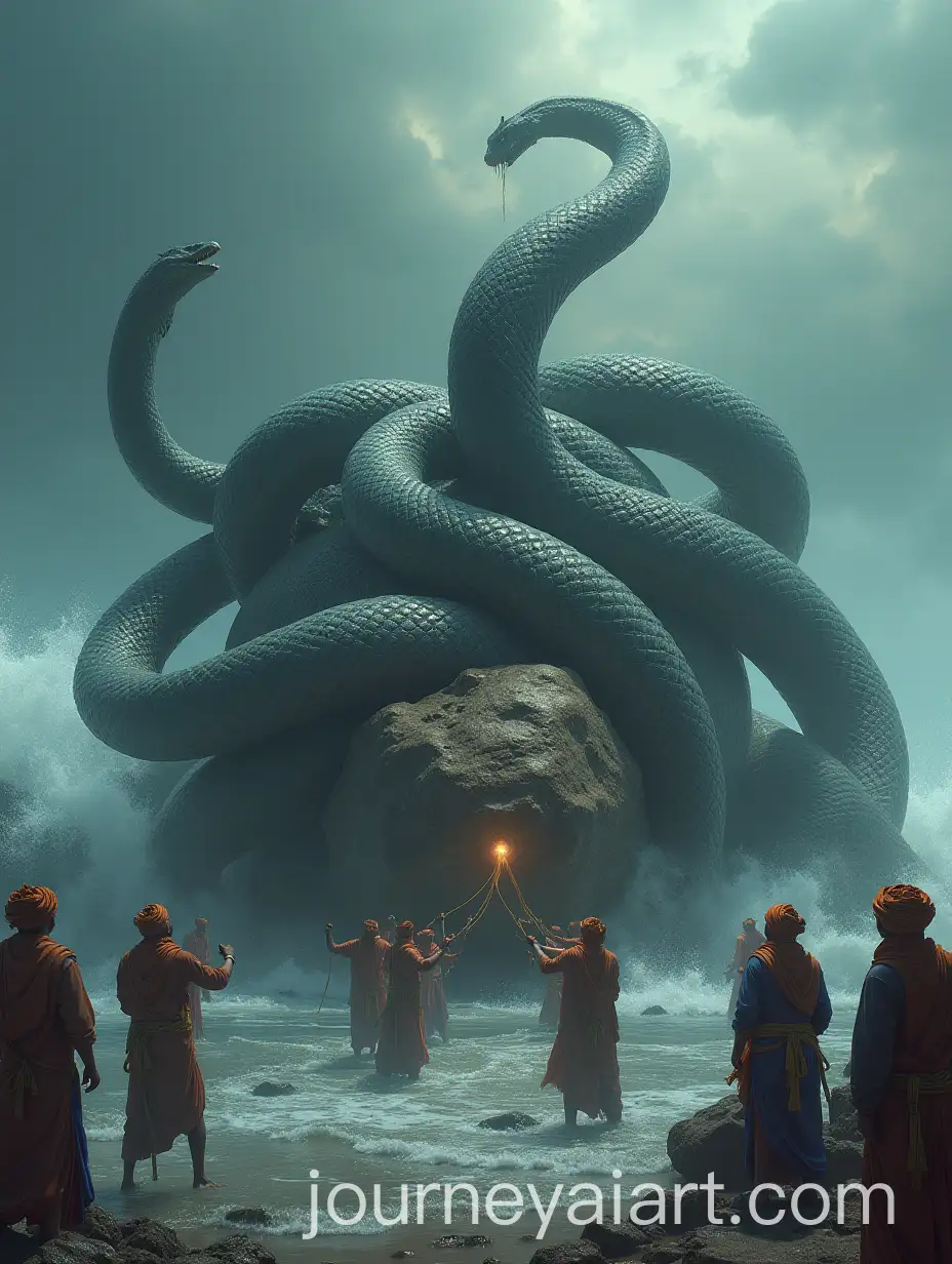 Indian-Priests-Struggling-with-a-SevenHeaded-Snake-and-Mystical-Stone-in-the-Sea