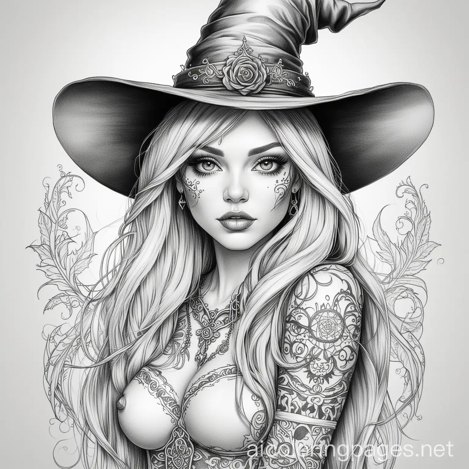 Simplicity-in-Coloring-Page-of-a-Sexy-Witch-with-Tattoos-and-Long-Hair