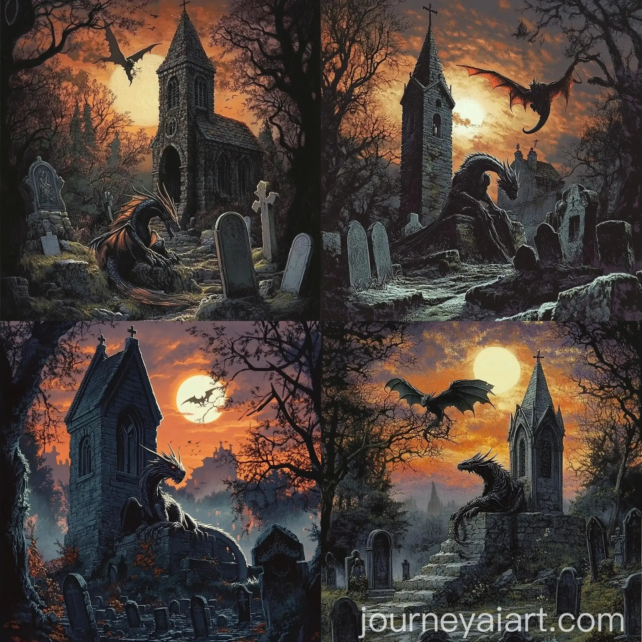 Fantasy-Dragon-Watching-from-Chapel-Near-Graveyard