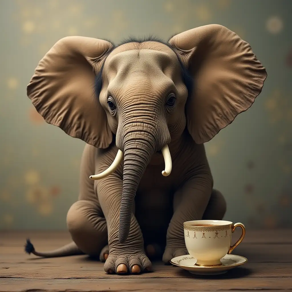 Indian elephant holding a tea cup in his trunk