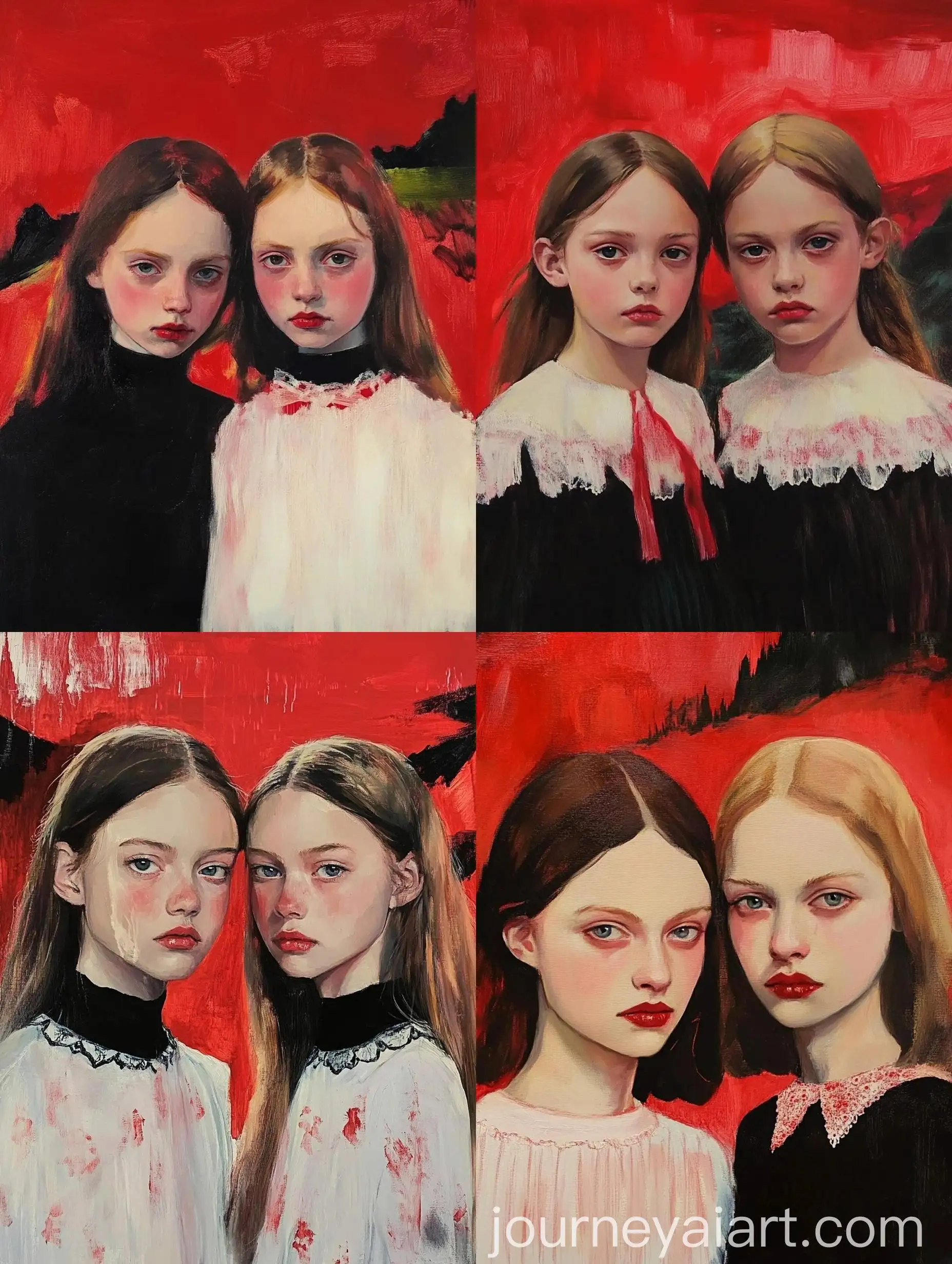 Two-Girls-in-an-Oil-Painting-with-Red-Background