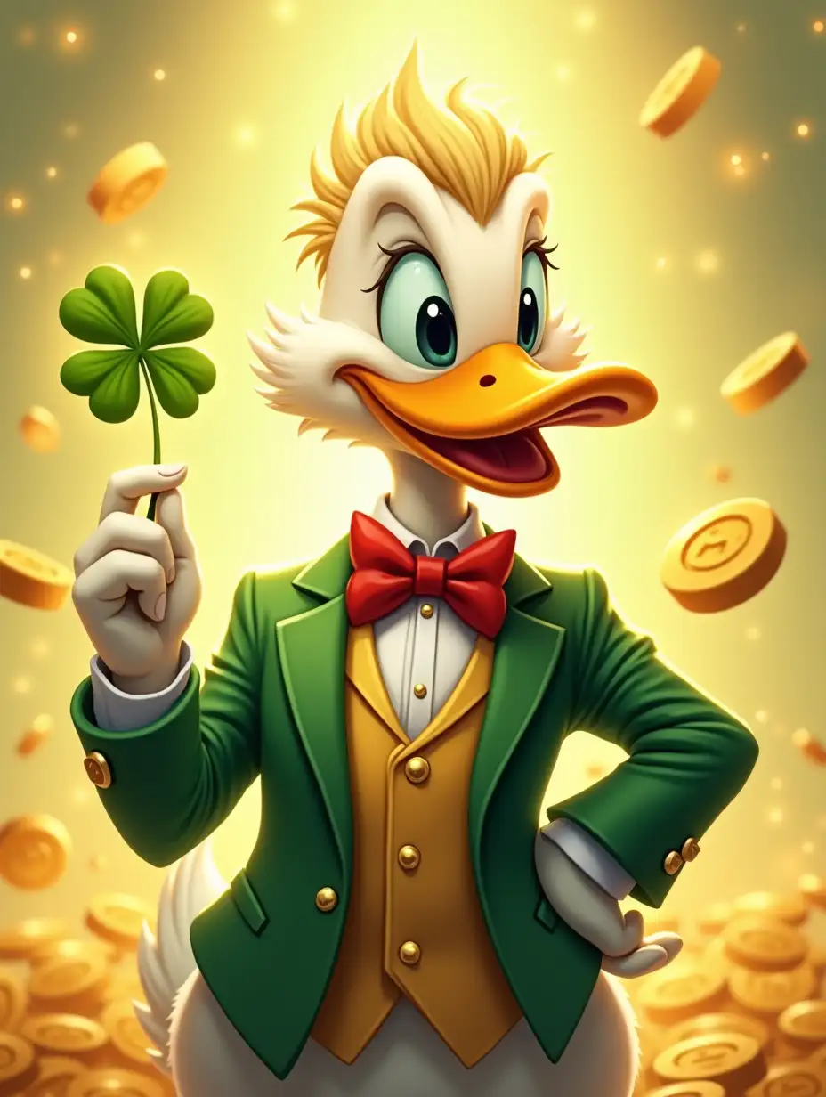 An elegant and refined anthropomorphic duck with a confident posture and an aura of great luck. He wears a stylish outfit with an emerald green jacket, a golden waistcoat, and a red bow tie. He has a dazzling smile and a well-groomed tuft of blonde feathers. In his hand, he holds a four-leaf clover, symbolizing his incredible fortune. The background is bright and lively, with gold coins seemingly floating around him, emphasizing his lucky destiny.