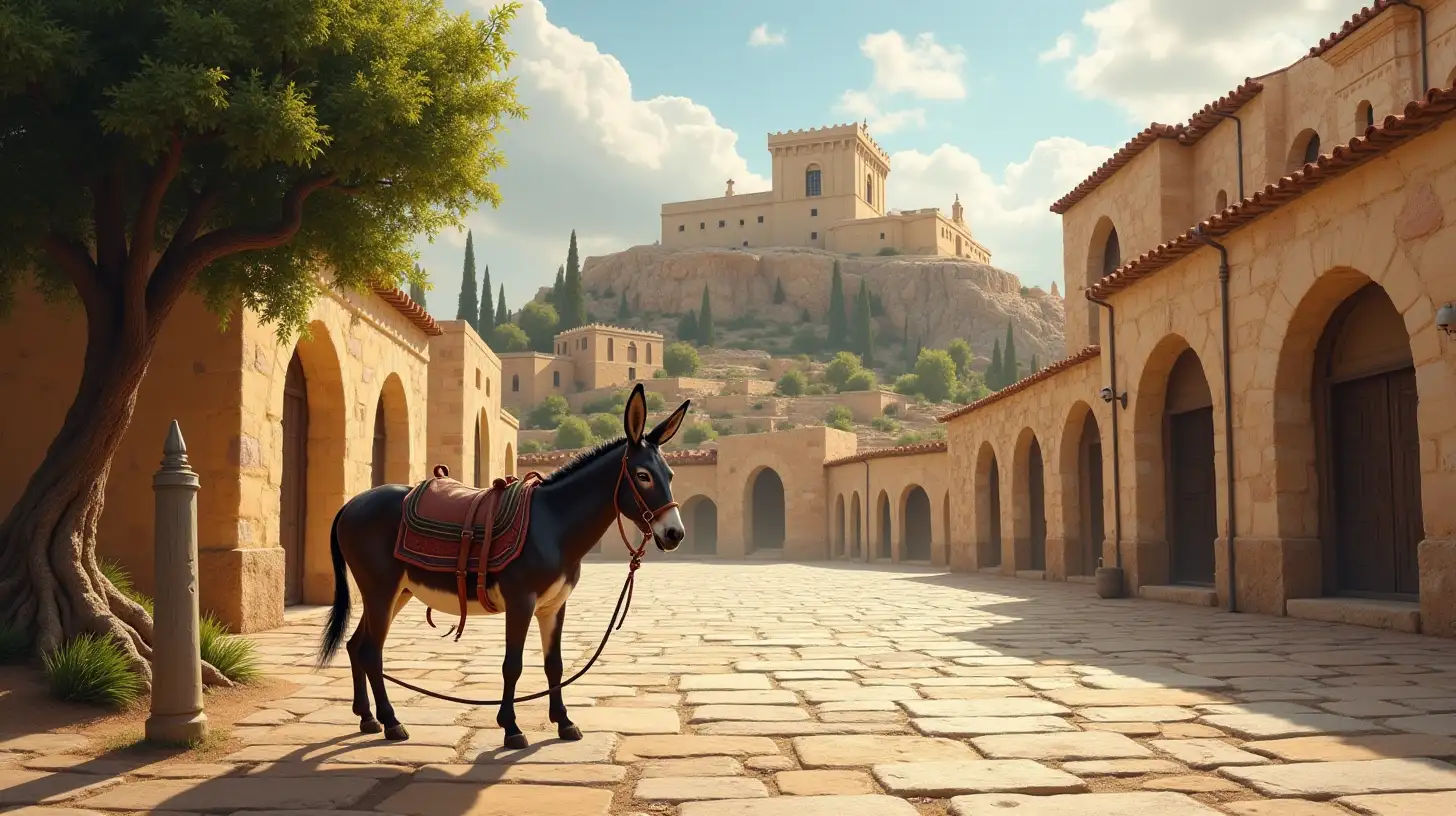 Biblical Era Donkey in Old City Square with Fig Tree and Jewish Temple