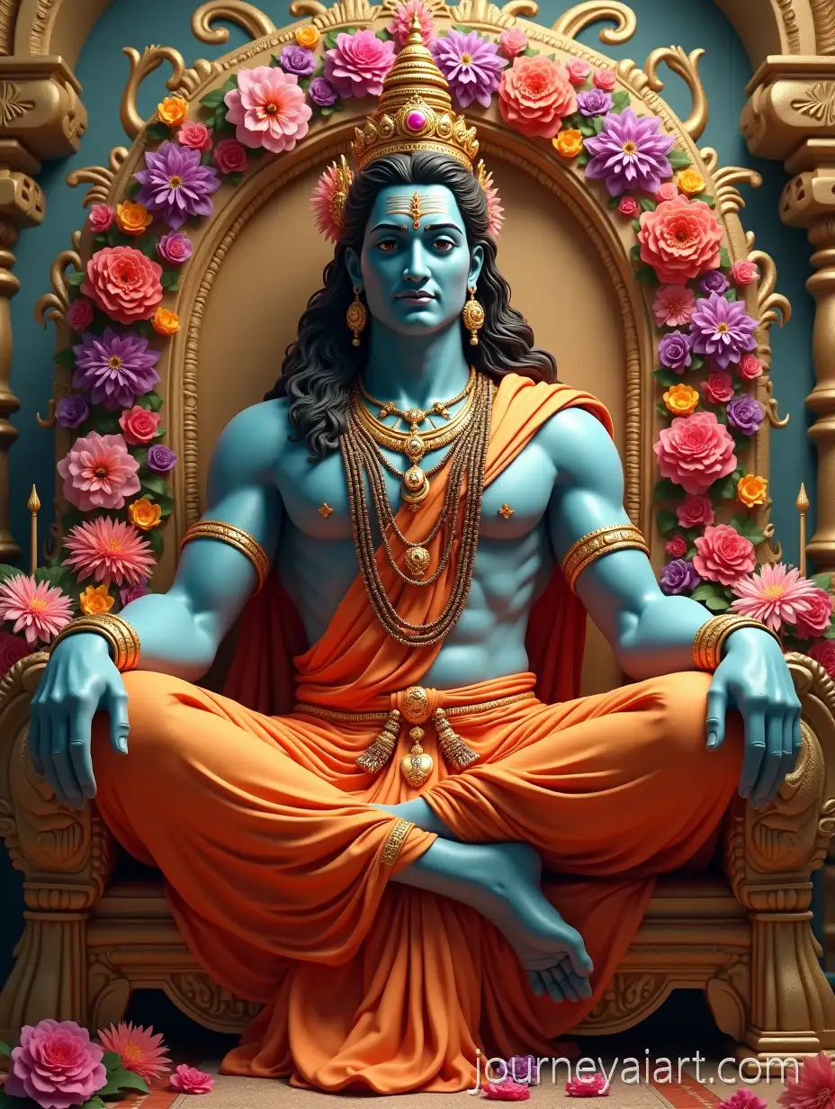 Lord-Shiva-Seated-on-Golden-Throne-in-Vibrant-Floral-Temple-Setting