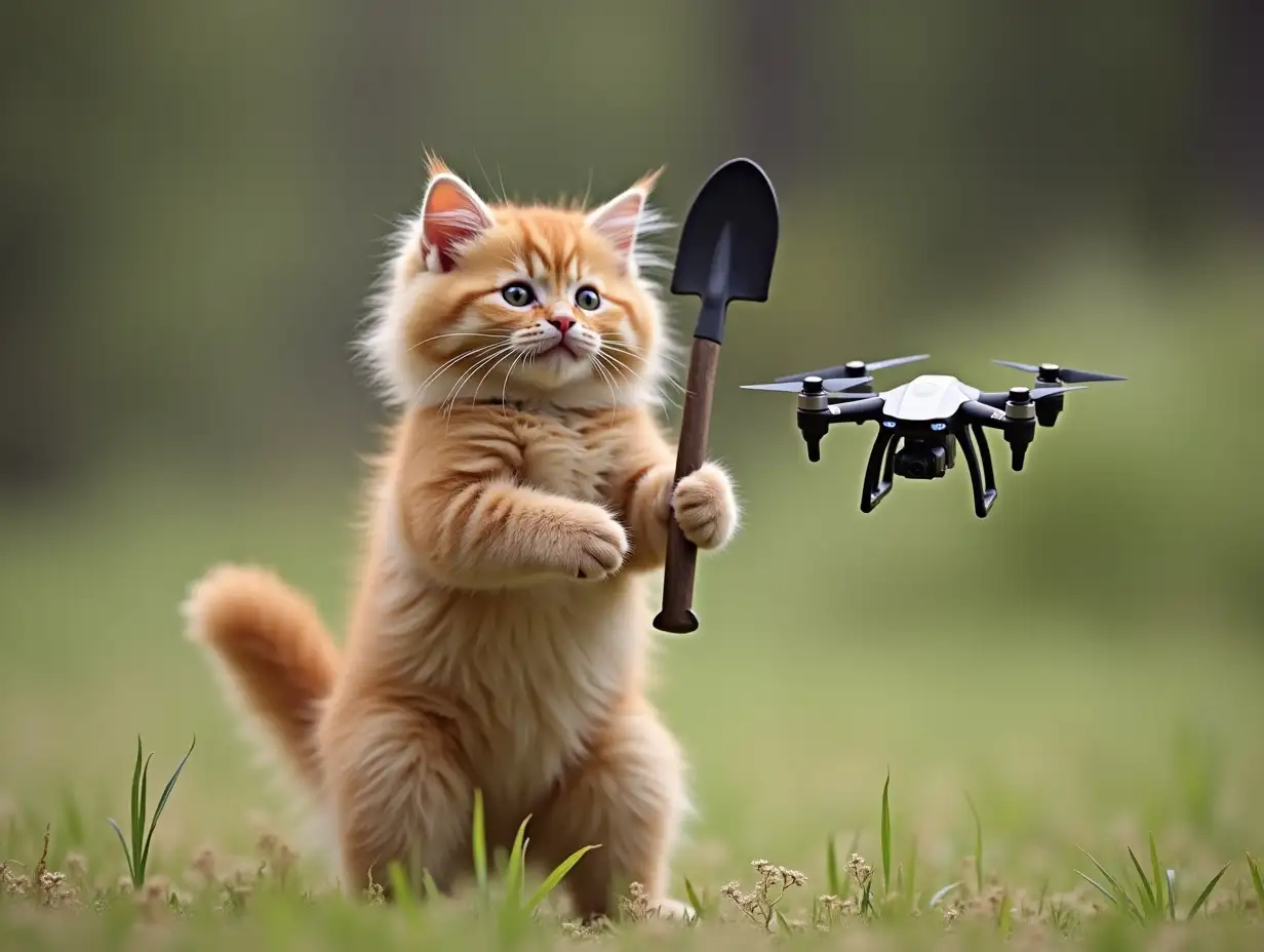 Fluffy cat, standing on hind legs, using a shovel to ward off flying quadcopter.