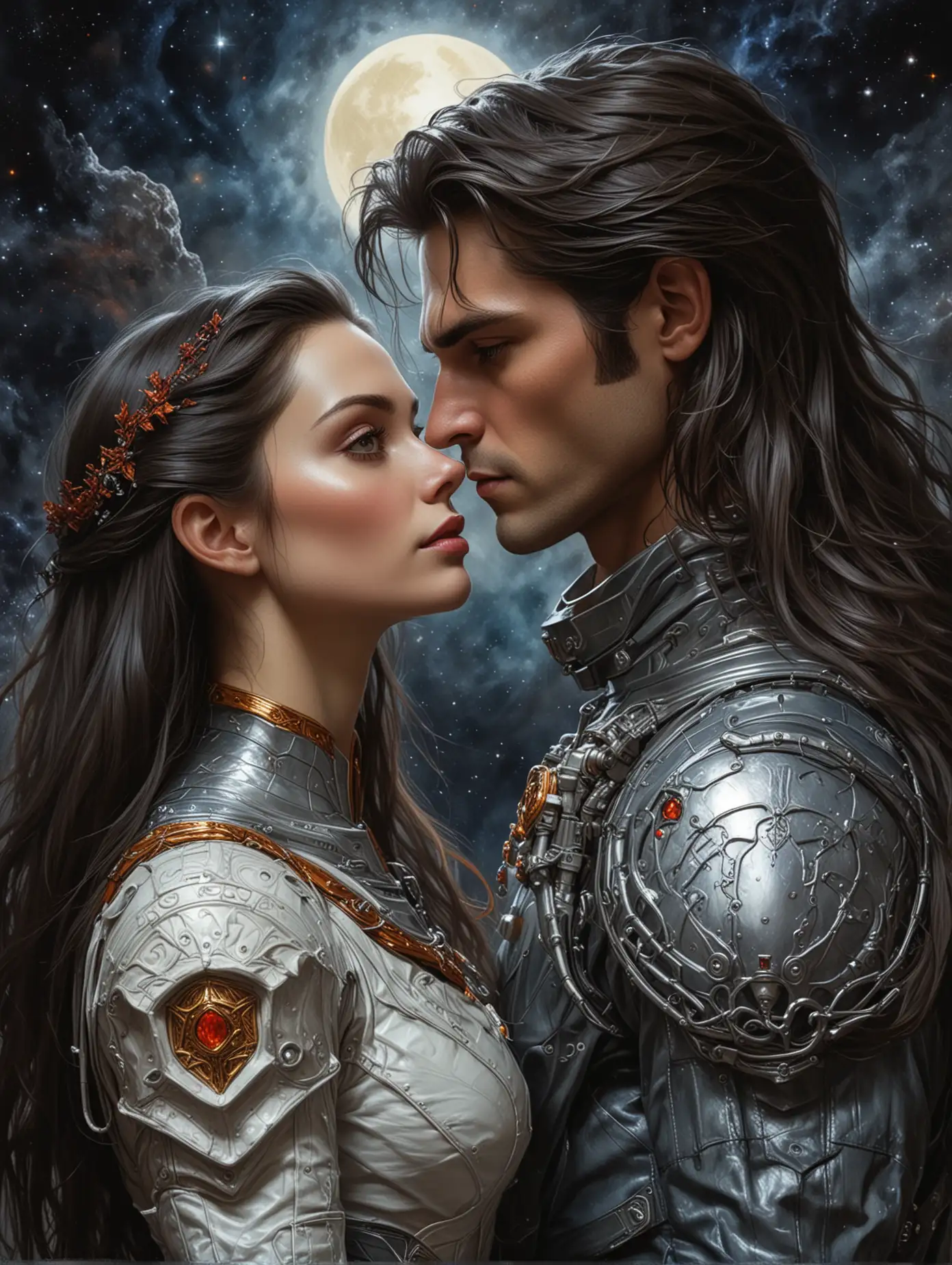 A strikingly contrasting love couple stands before us: a statuesque, long-haired, beautiful woman in a spacesuit, and a dominant, dark-haired masculine man-drow-elf hybrid also clad in a spacesuit. Their presence is powerful and captivating. Picture this scene as a meticulously detailed painting, where every aspect of their appearance is richly illustrated. The woman exudes elegance and grace, while the man embodies strength and allure. The image is of exceptional quality, with vibrant colors and intricate details that draw the viewer in.